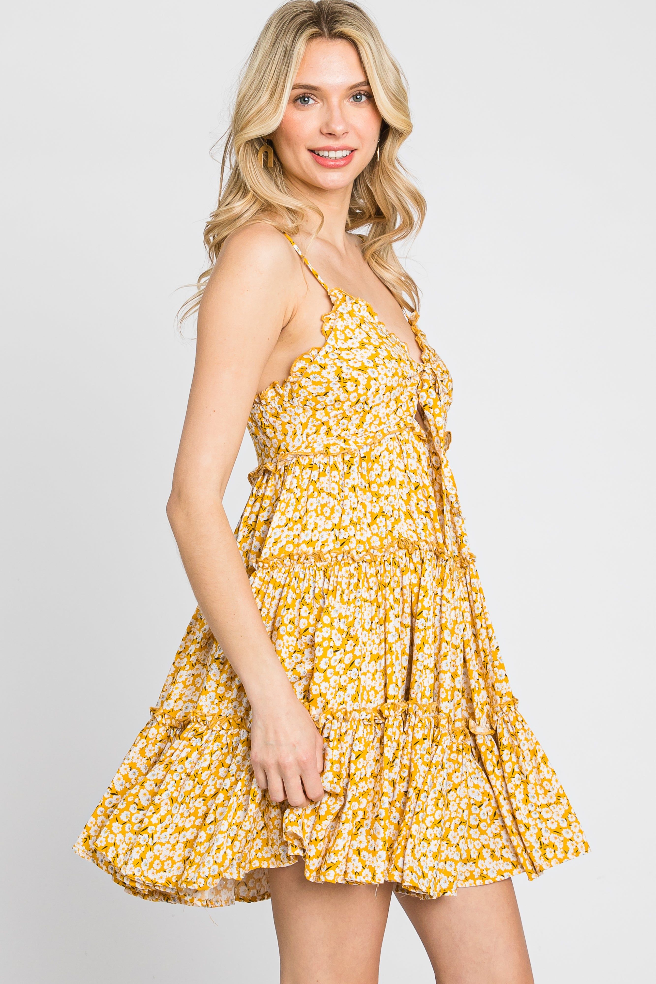 Yellow Floral Cut Out Tiered Ruffle Mini Dress sold by Pinkblush product image thumbnail 3