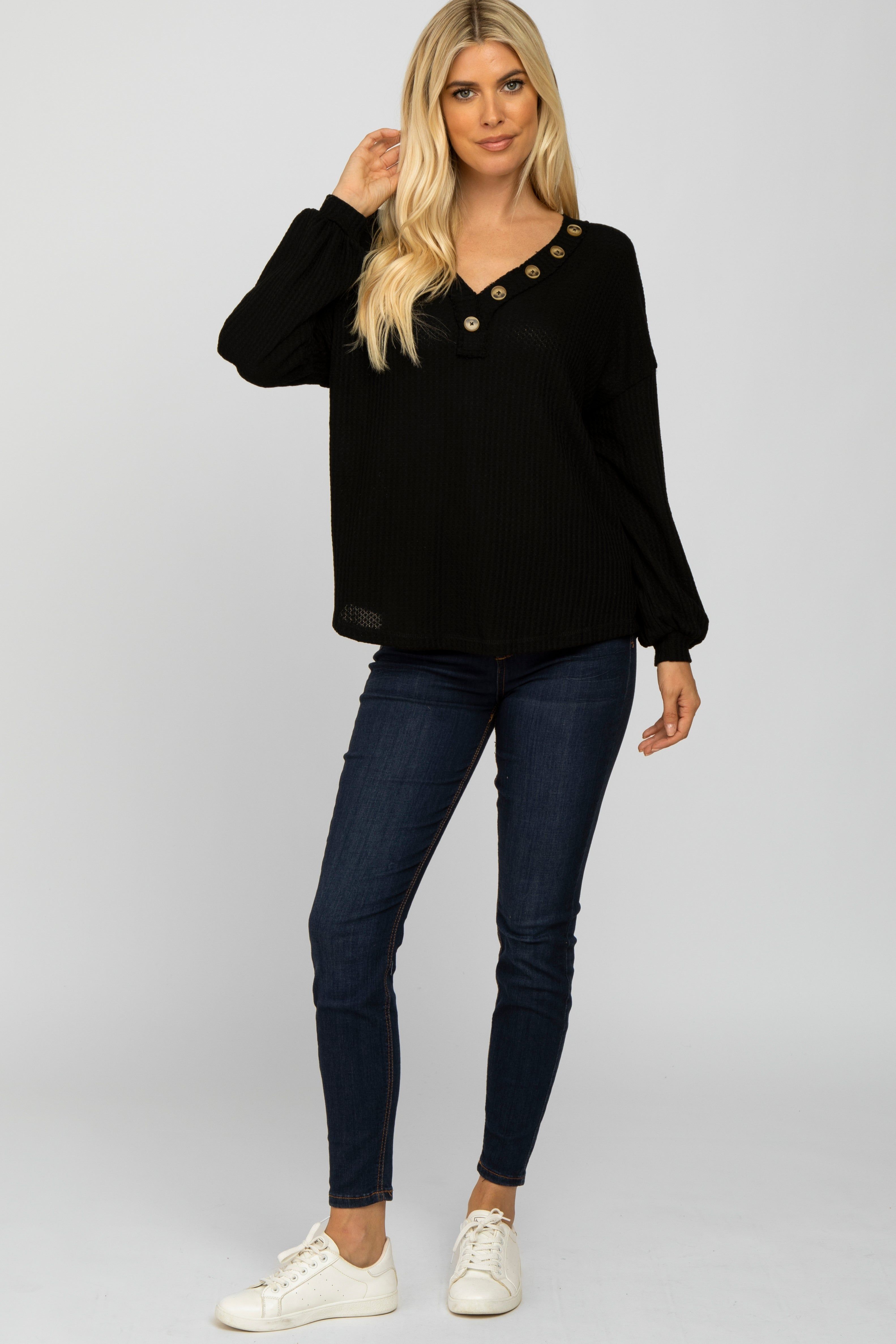 Black Waffle Knit Button Accent Top sold by Pinkblush product image thumbnail 2