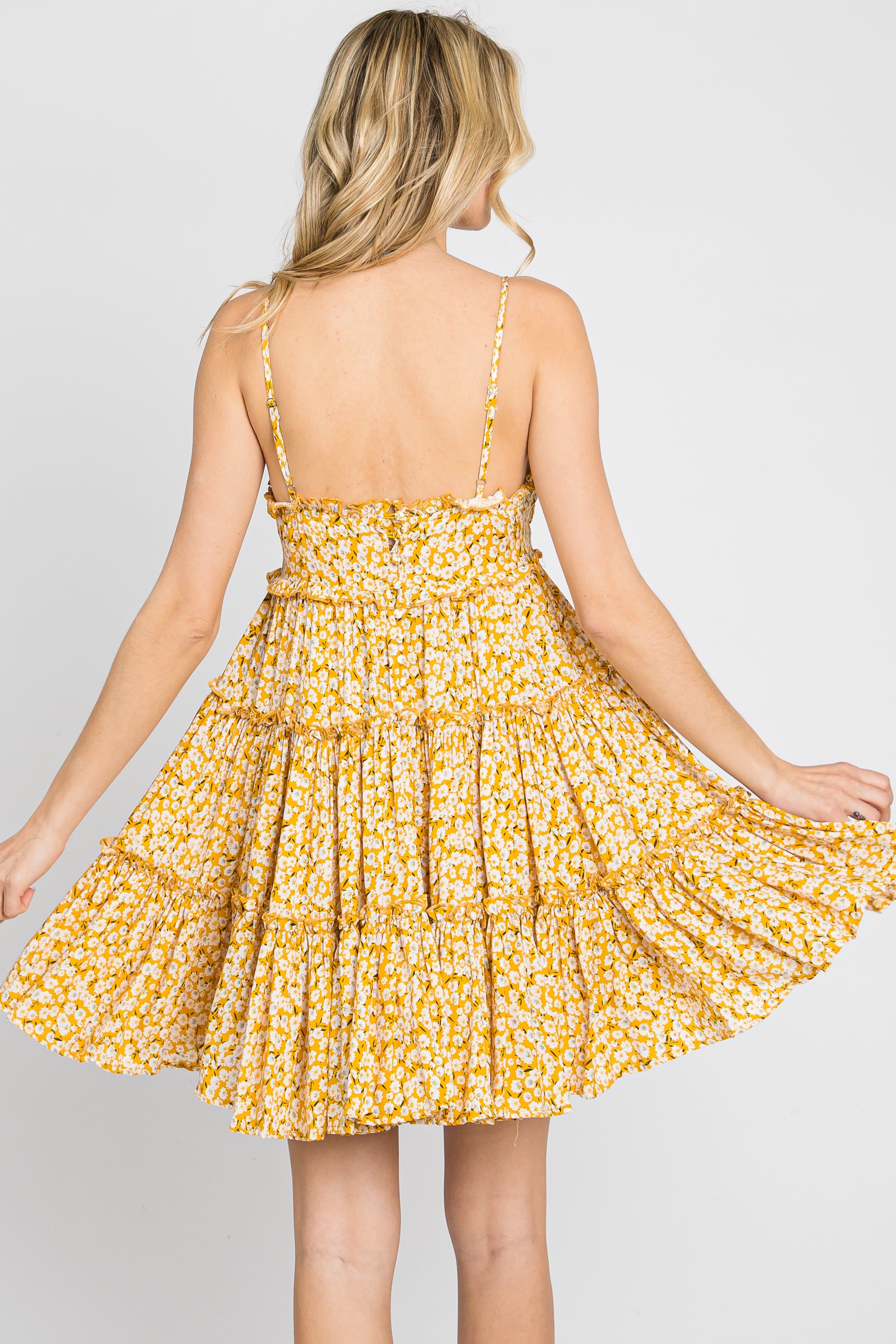 Yellow Floral Cut Out Tiered Ruffle Mini Dress sold by Pinkblush product image thumbnail 4