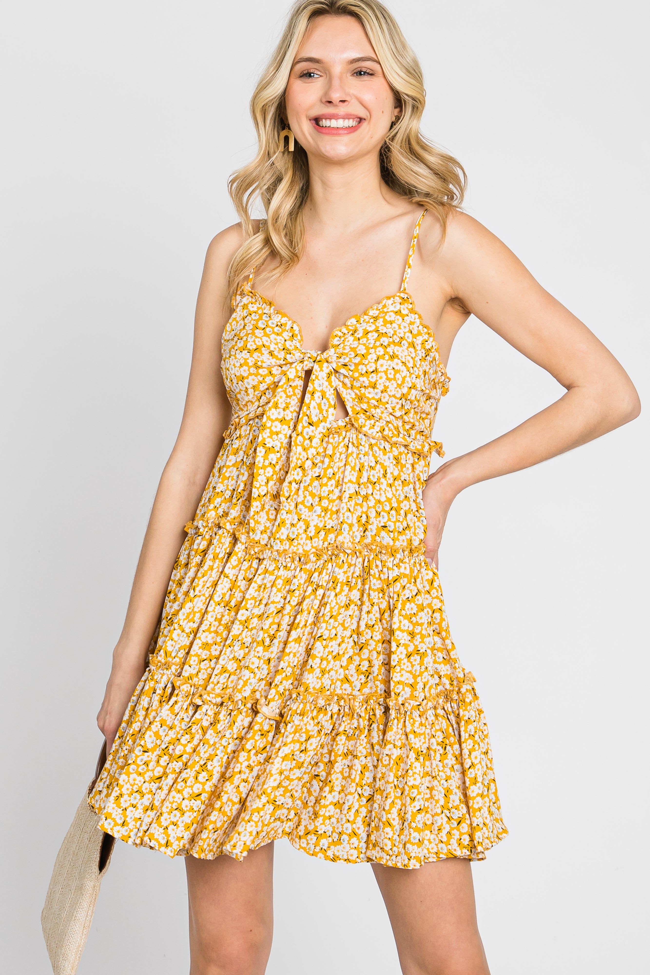 Yellow Floral Cut Out Tiered Ruffle Mini Dress sold by Pinkblush