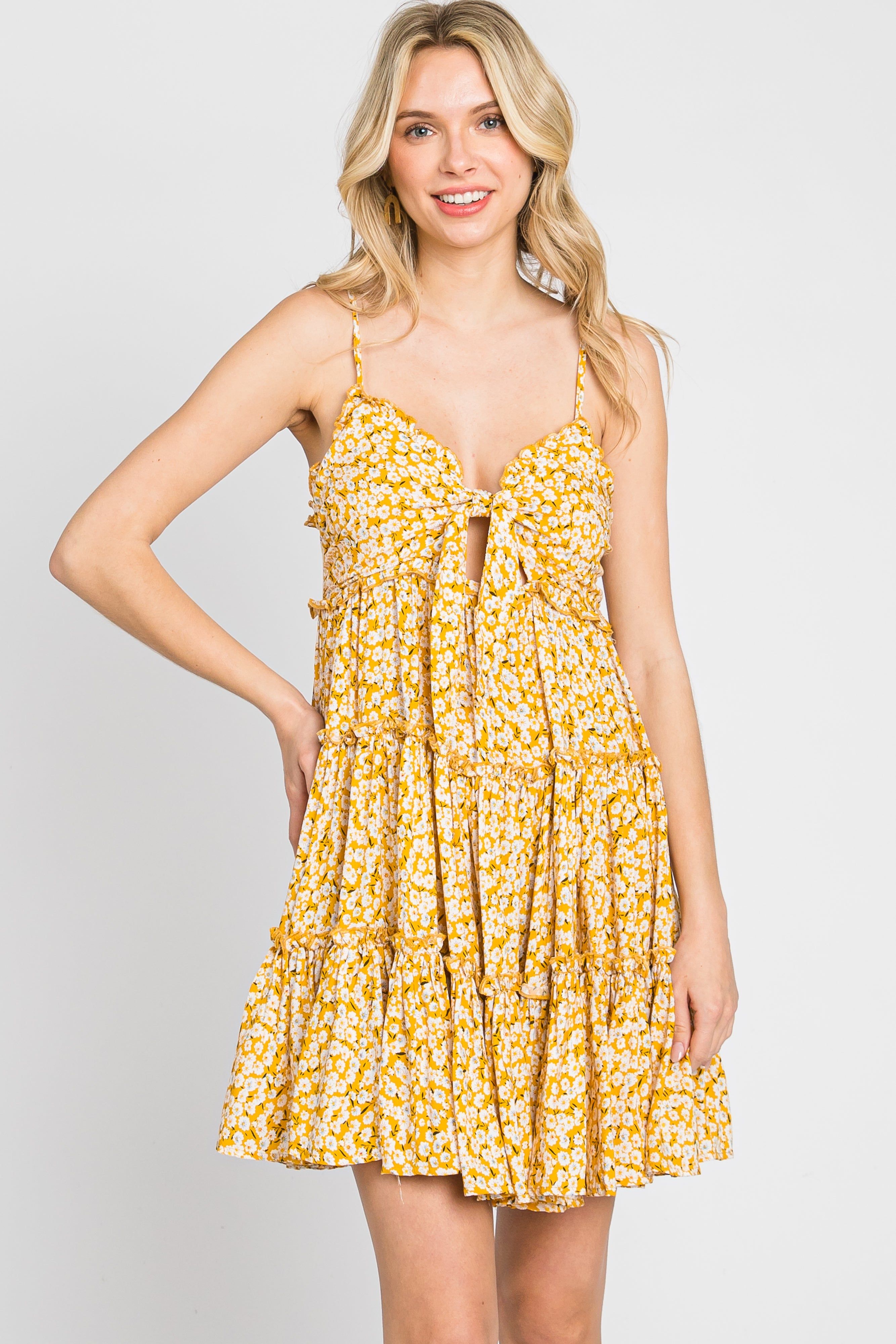 Yellow Floral Cut Out Tiered Ruffle Mini Dress sold by Pinkblush product image thumbnail 2