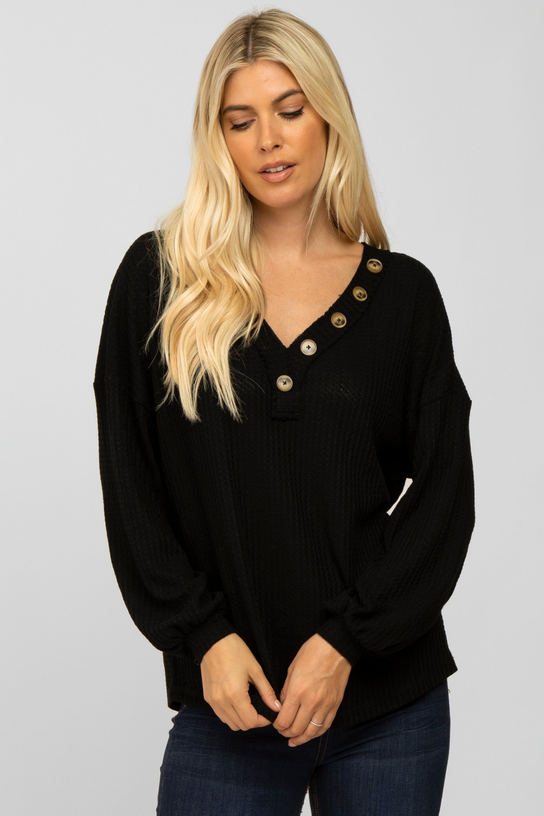 Black Waffle Knit Button Accent Top sold by Pinkblush