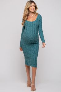 Teal Long Sleeve Knit Maternity Sweater Dress sold by Pinkblush