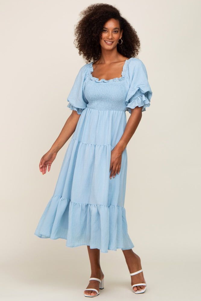 Light Blue Smocked Puff Sleeve Maternity Midi Dress sold by Pinkblush product image thumbnail 4