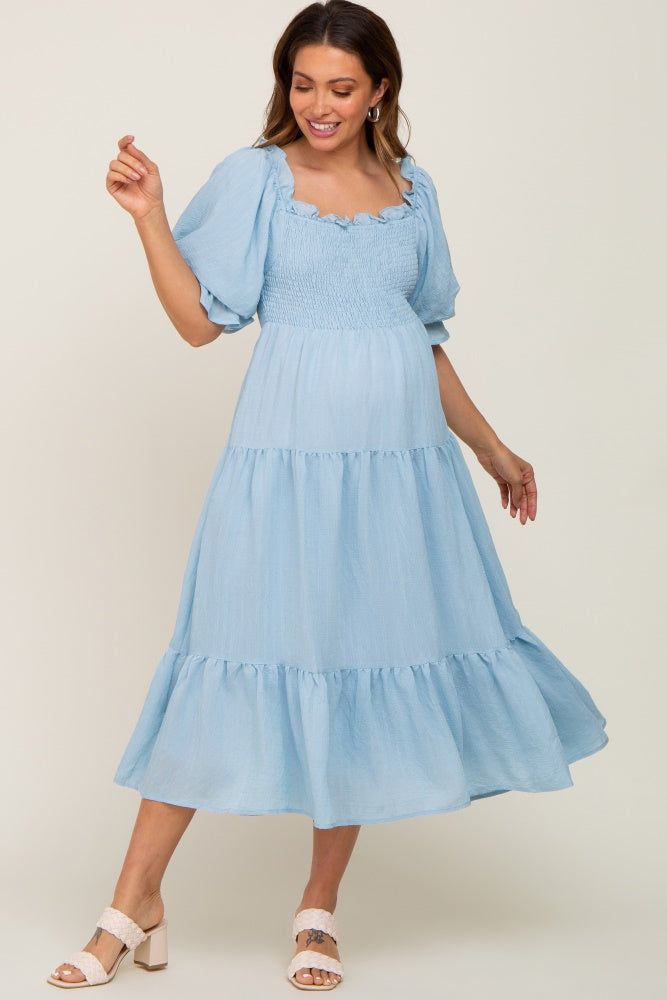 Light Blue Smocked Puff Sleeve Maternity Midi Dress sold by Pinkblush