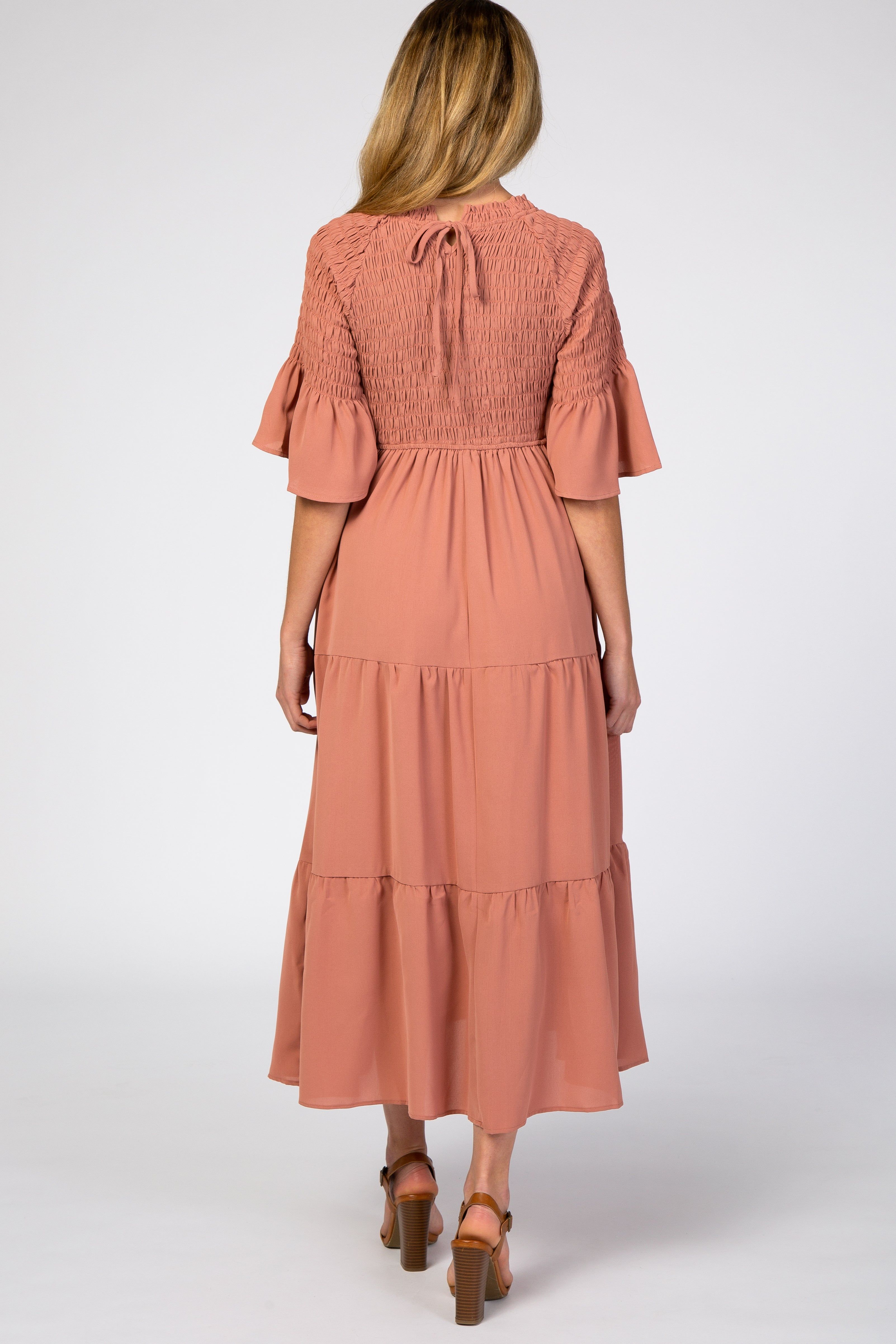 Salmon Smocked Pleated Tier Maternity Midi Dress sold by Pinkblush product image thumbnail 3