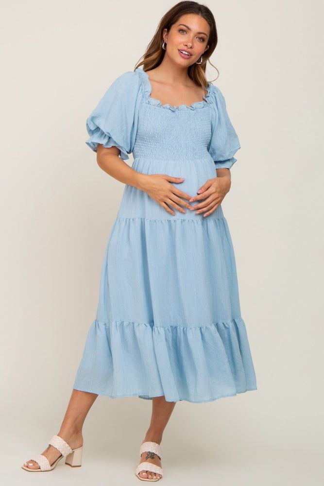 Light Blue Smocked Puff Sleeve Maternity Midi Dress sold by Pinkblush product image thumbnail 2