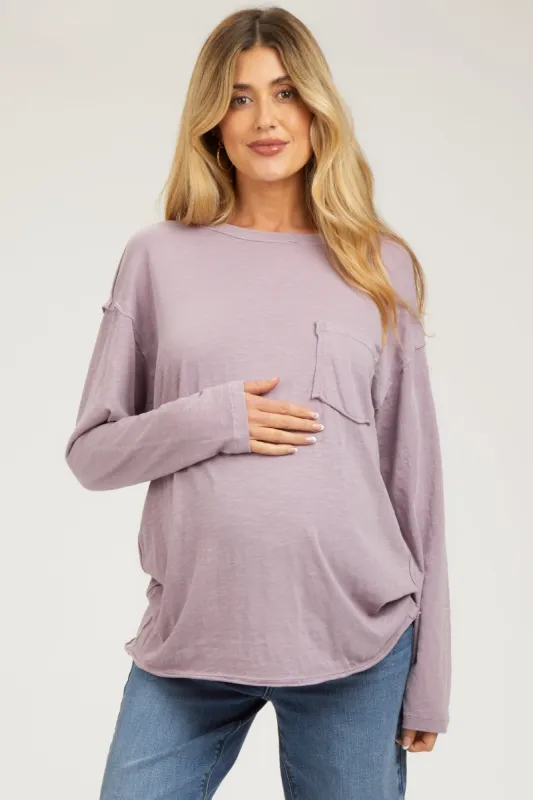 Mauve Mineral Wash Front Pocket Long Sleeve Maternity Top sold by Pinkblush