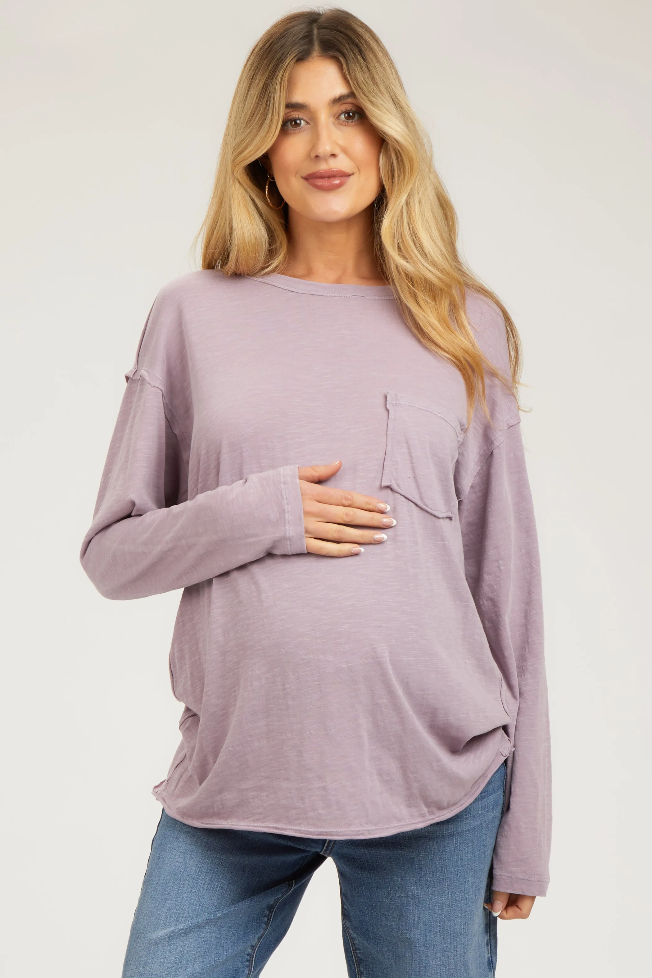 Mauve Mineral Wash Front Pocket Long Sleeve Maternity Top sold by Pinkblush