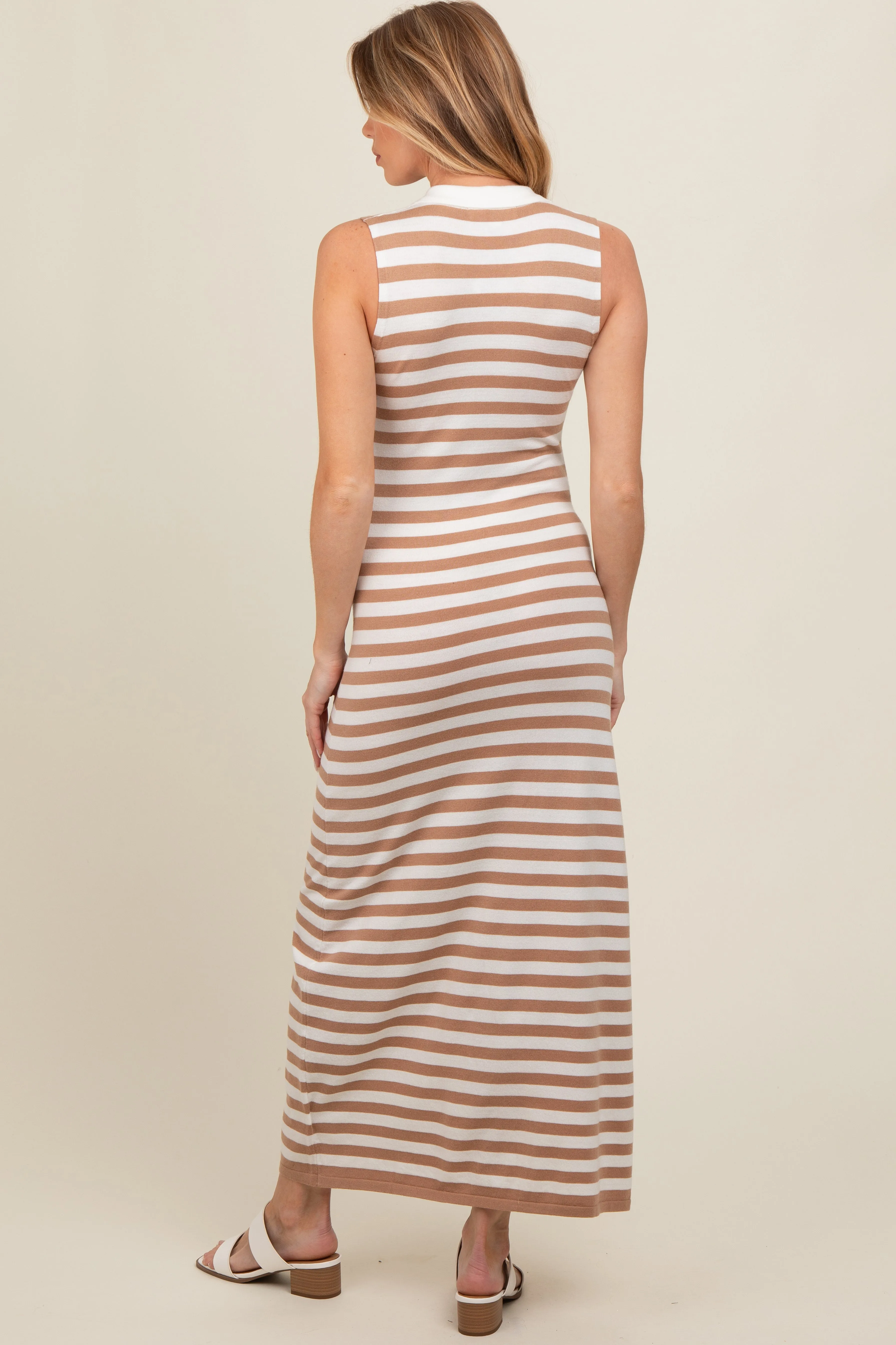 Mocha Striped Knit Polo Maternity Fitted Maxi Dress sold by Pinkblush product image thumbnail 3