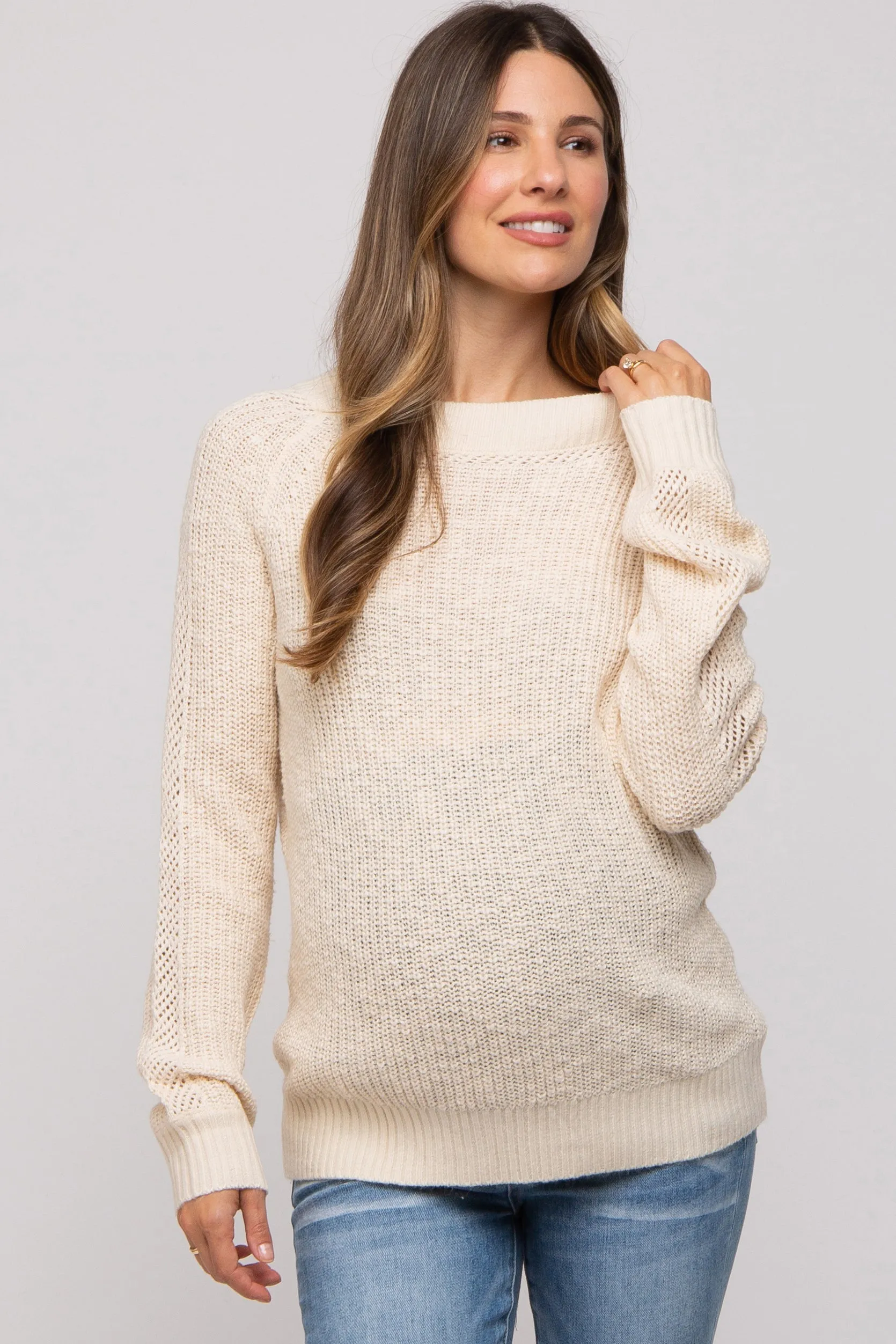 Cream Open Knit Maternity Sweater sold by Pinkblush