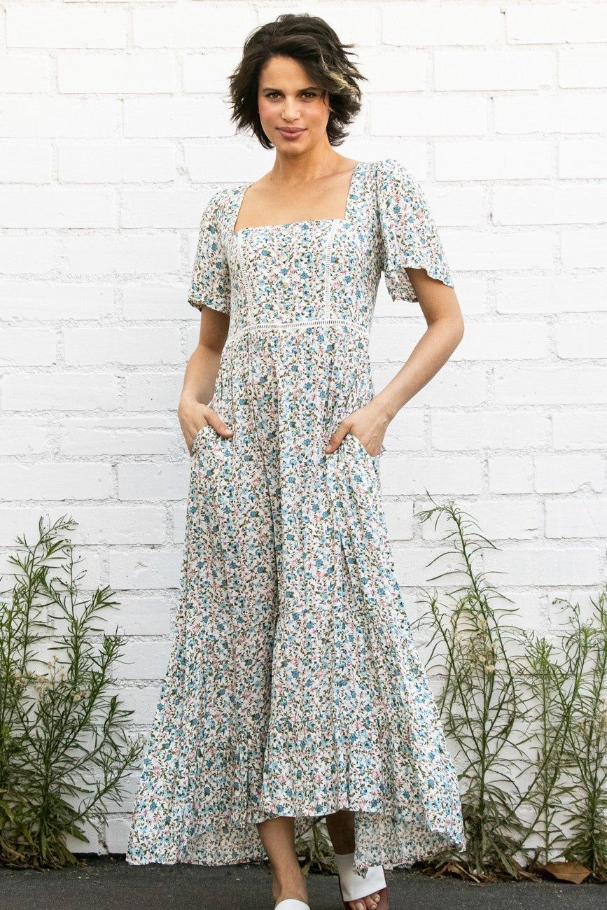 Cream Floral Button Front Square Neck Ruffle Hi-Low Midi Dress sold by Pinkblush