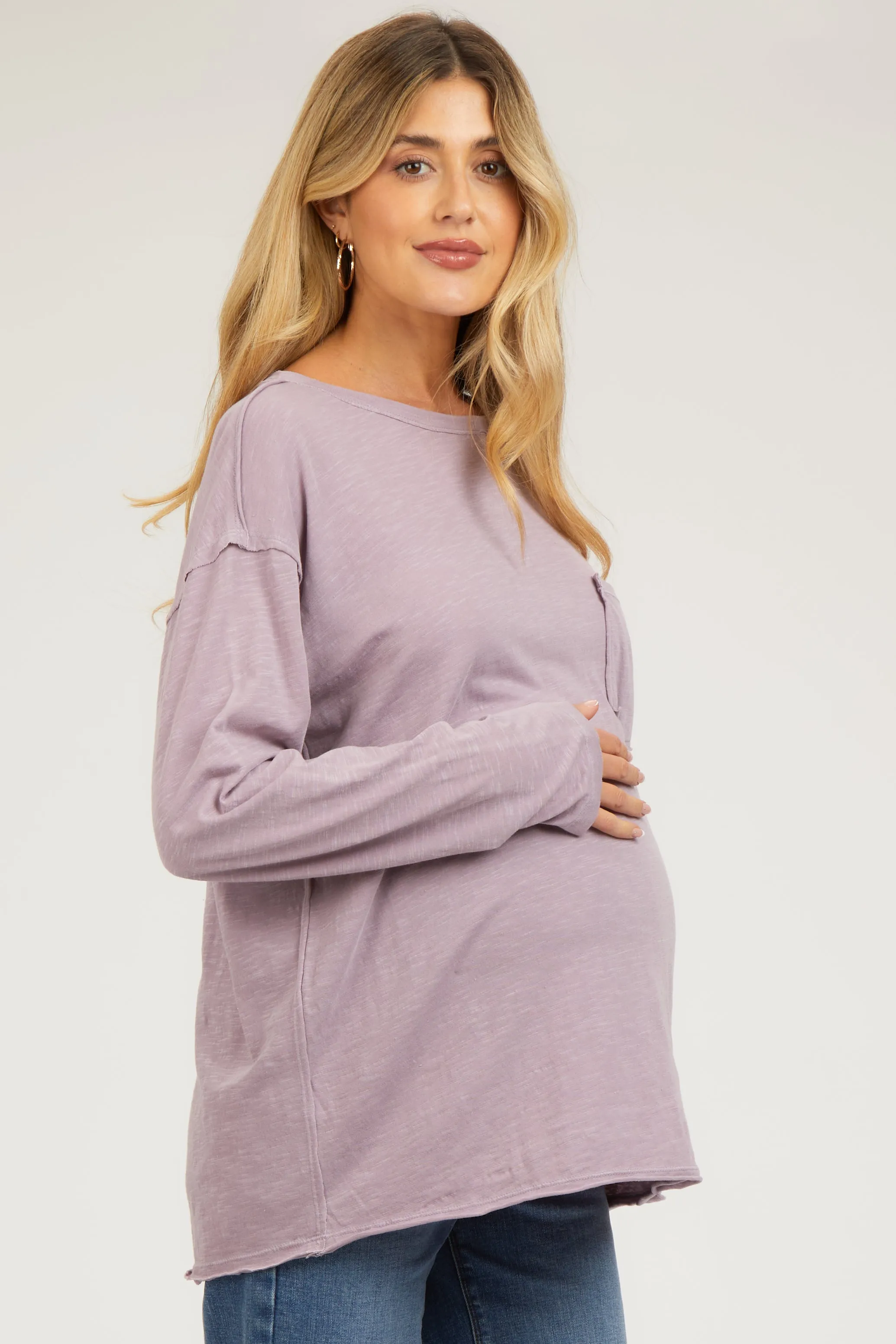 Mauve Mineral Wash Front Pocket Long Sleeve Maternity Top sold by Pinkblush product image thumbnail 2