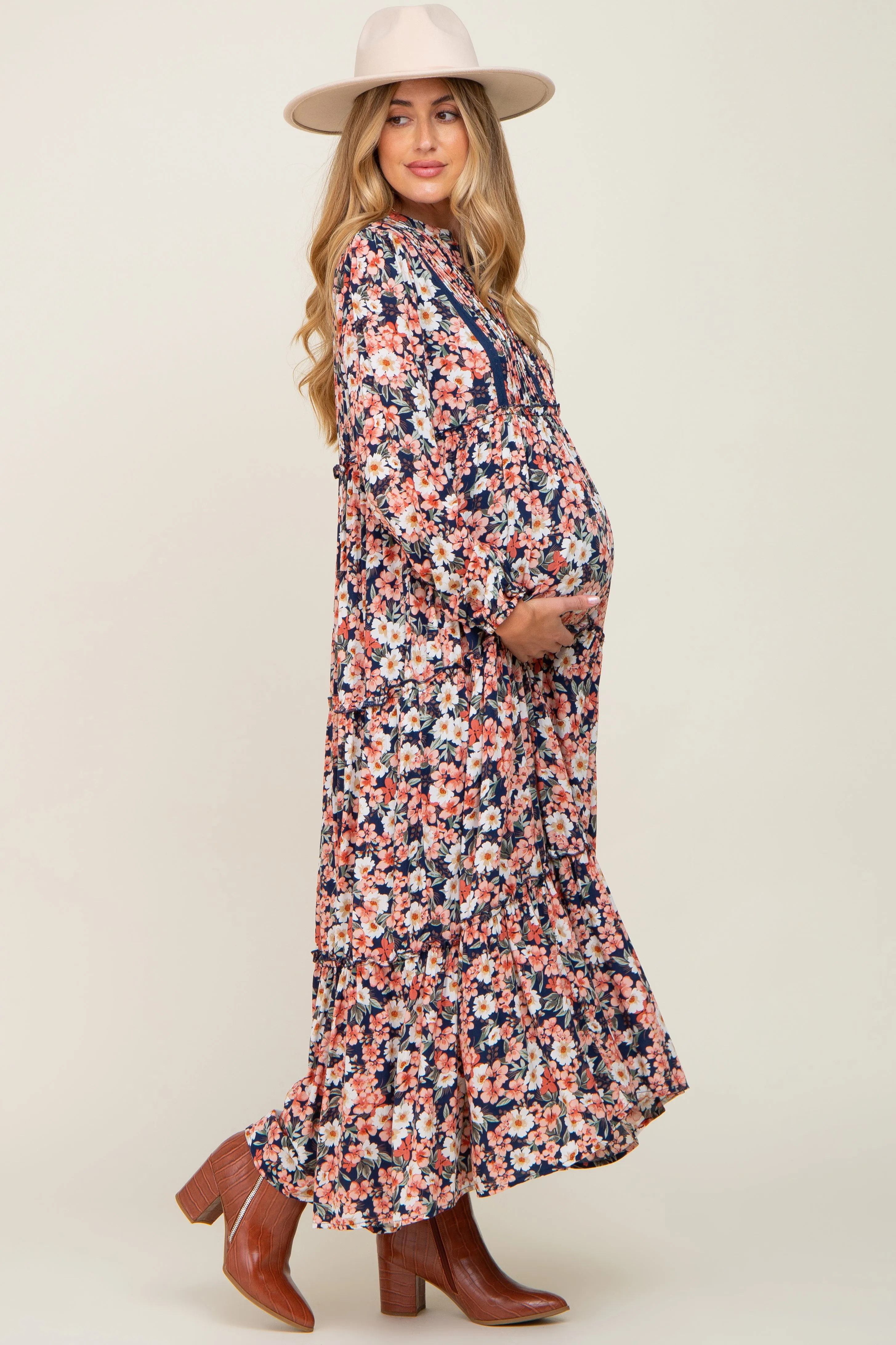 Navy Floral Pleated Front Button Maternity Maxi Dress sold by Pinkblush product image thumbnail 3