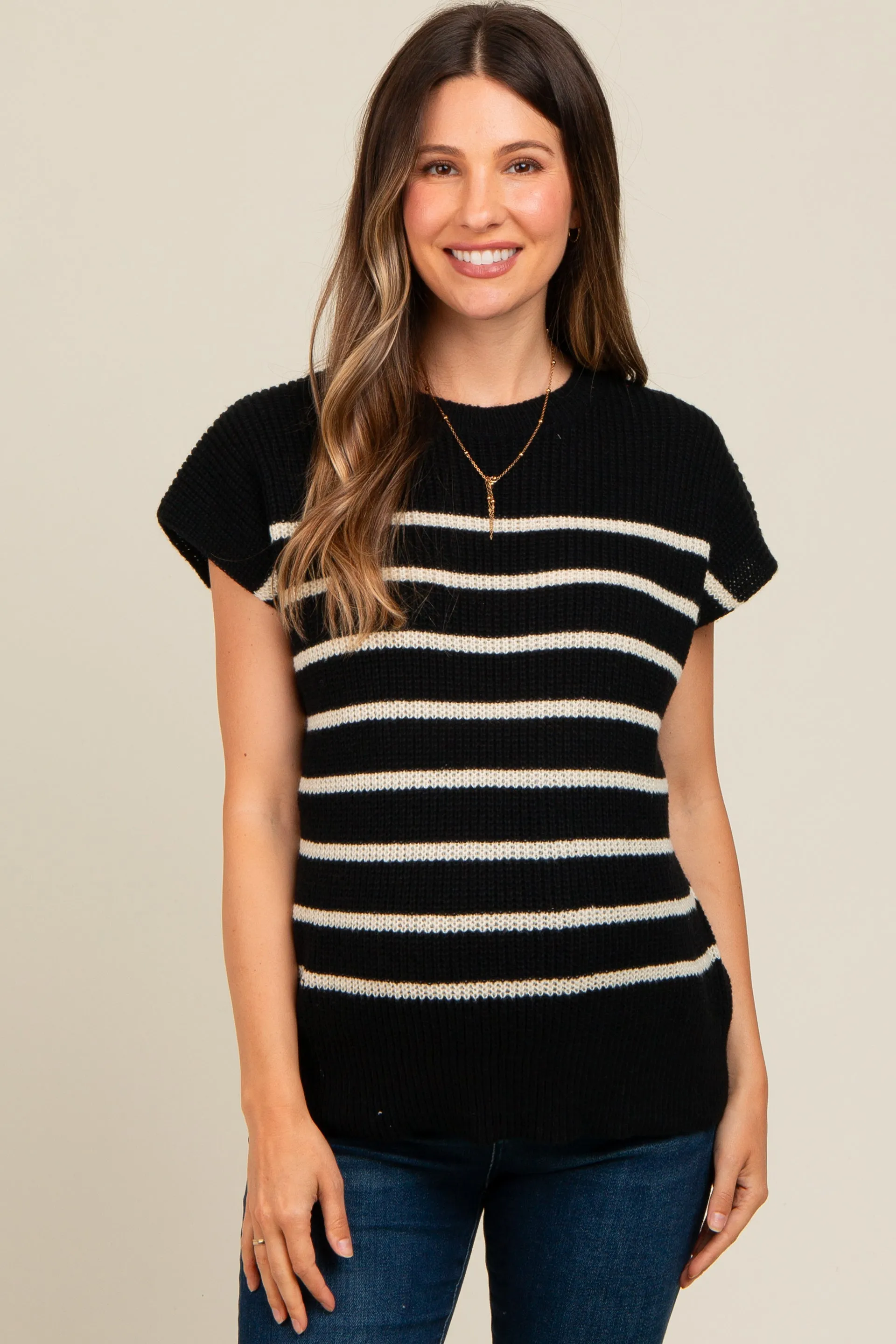 Black Striped Dolman Short Sleeve Maternity Sweater sold by Pinkblush