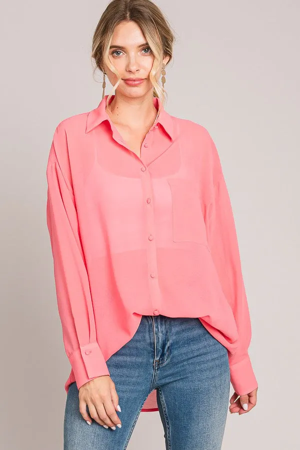 Coral Pink Sheer Button Down Blouse sold by Pinkblush