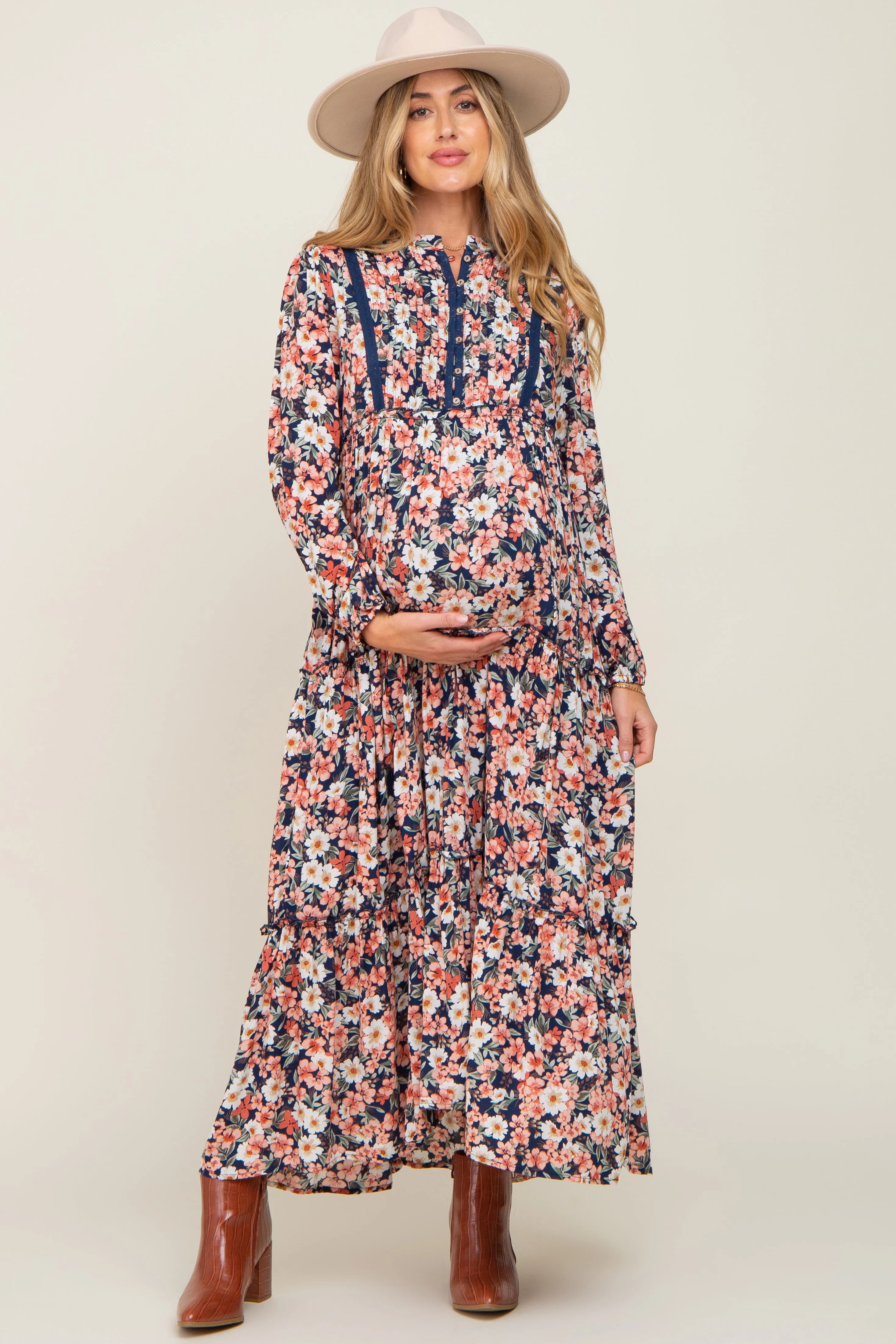 Navy Floral Pleated Front Button Maternity Maxi Dress sold by Pinkblush