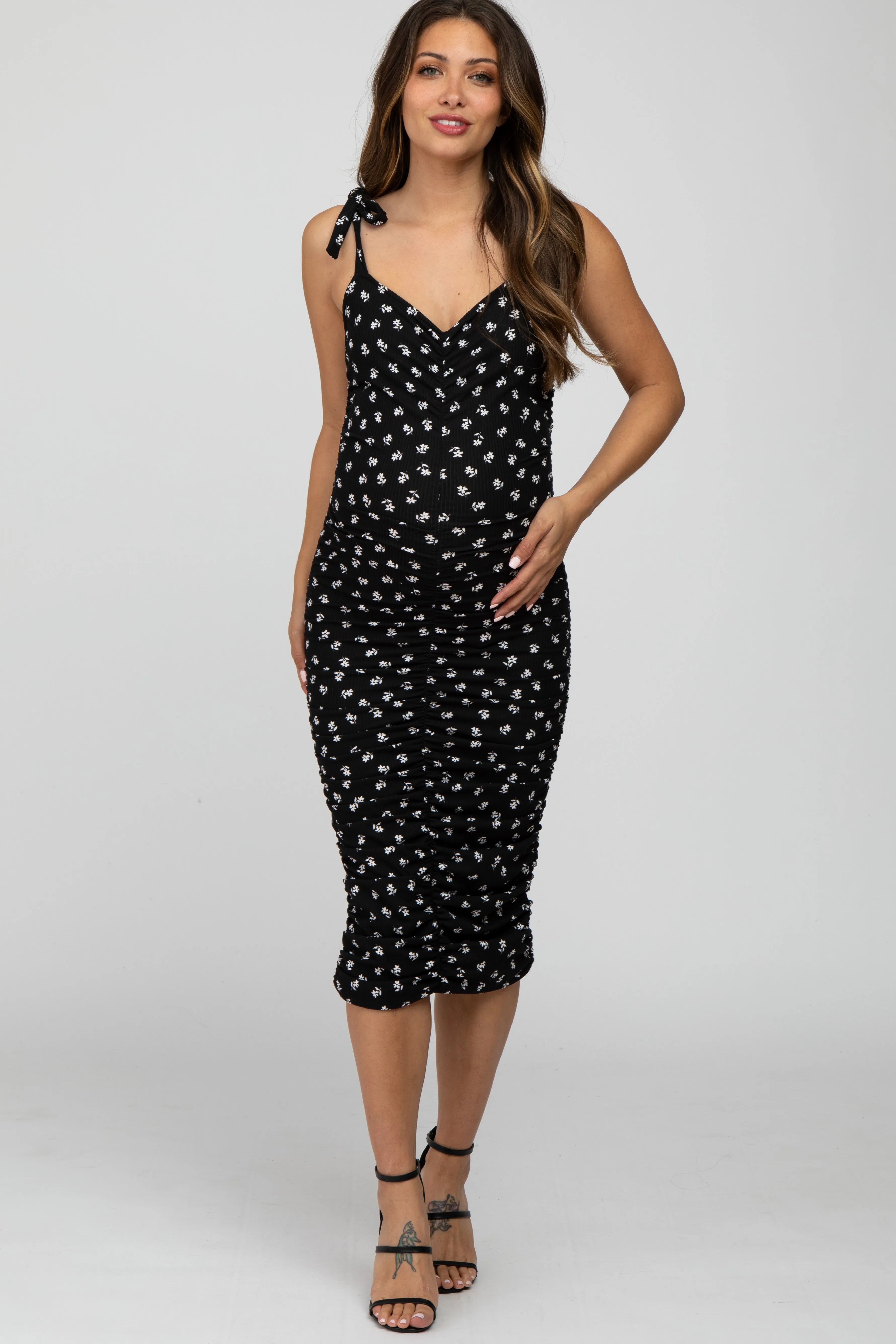 Black Floral Ribbed Ruched Shoulder Tie Maternity Dress sold by Pinkblush