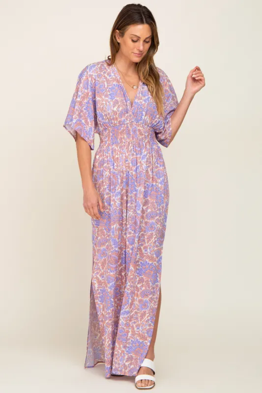 Multi-Color Floral V-Neck Smocked Waist Maxi Dress sold by Pinkblush