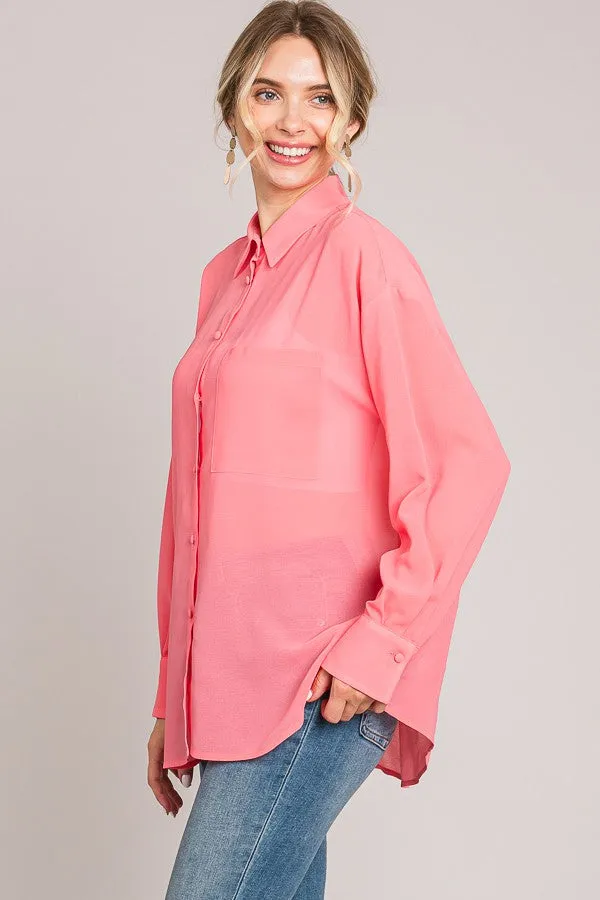 Coral Pink Sheer Button Down Blouse sold by Pinkblush product image thumbnail 2