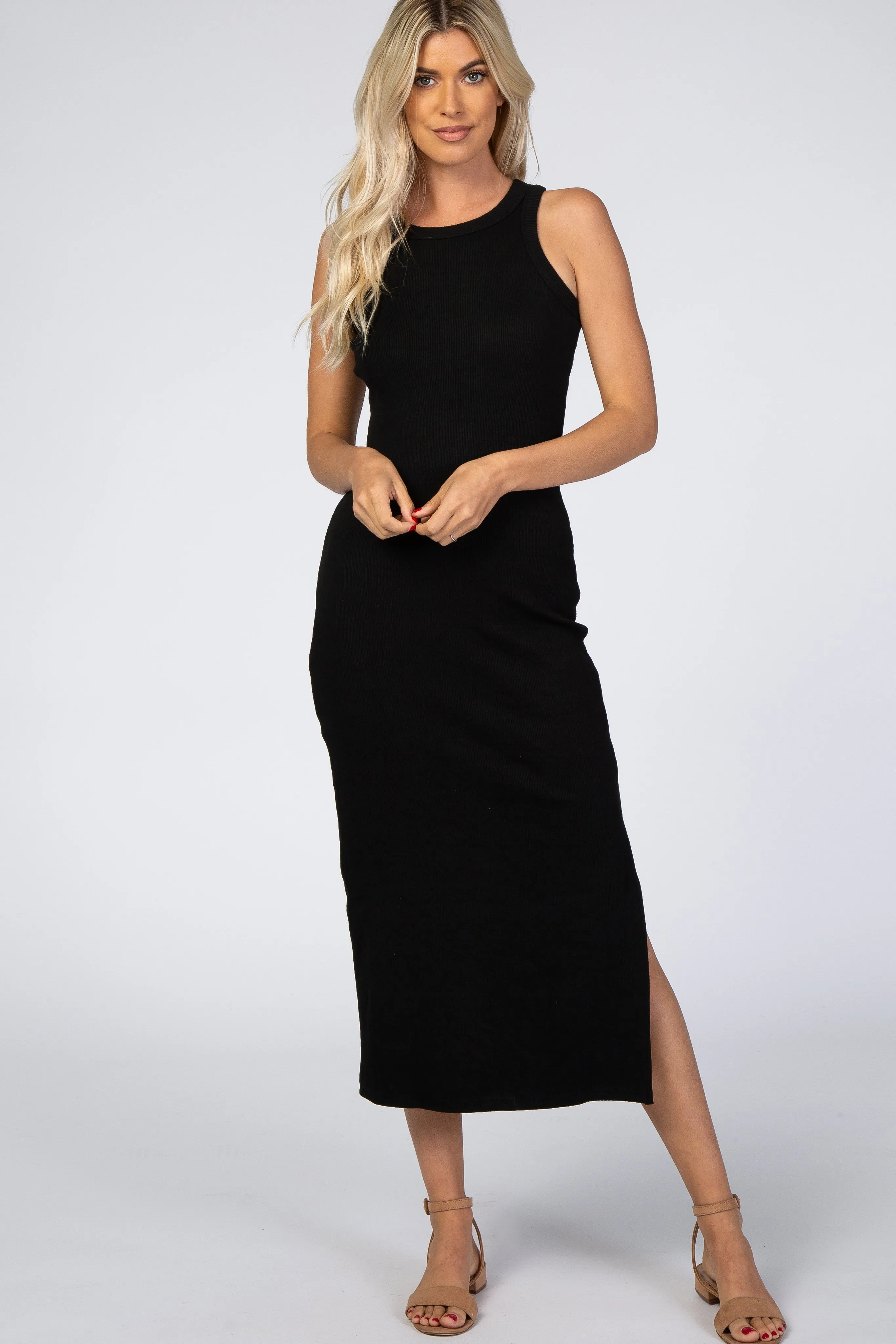 Black Ribbed Fitted Midi Dress sold by Pinkblush
