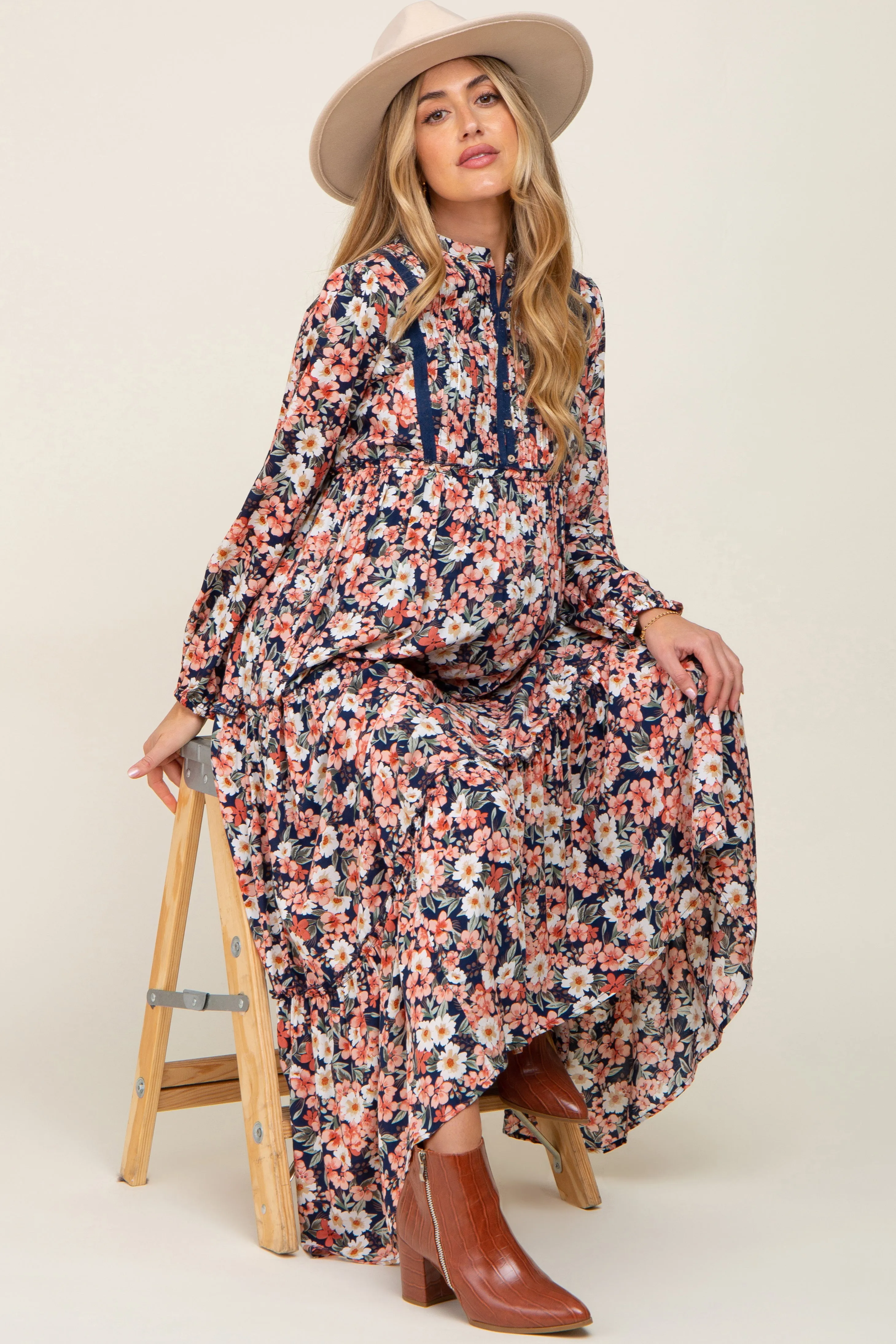Navy Floral Pleated Front Button Maternity Maxi Dress sold by Pinkblush product image thumbnail 2