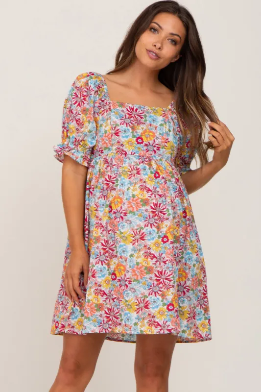 Mauve Floral Square Neck Short Puff Sleeve Maternity Dress sold by Pinkblush
