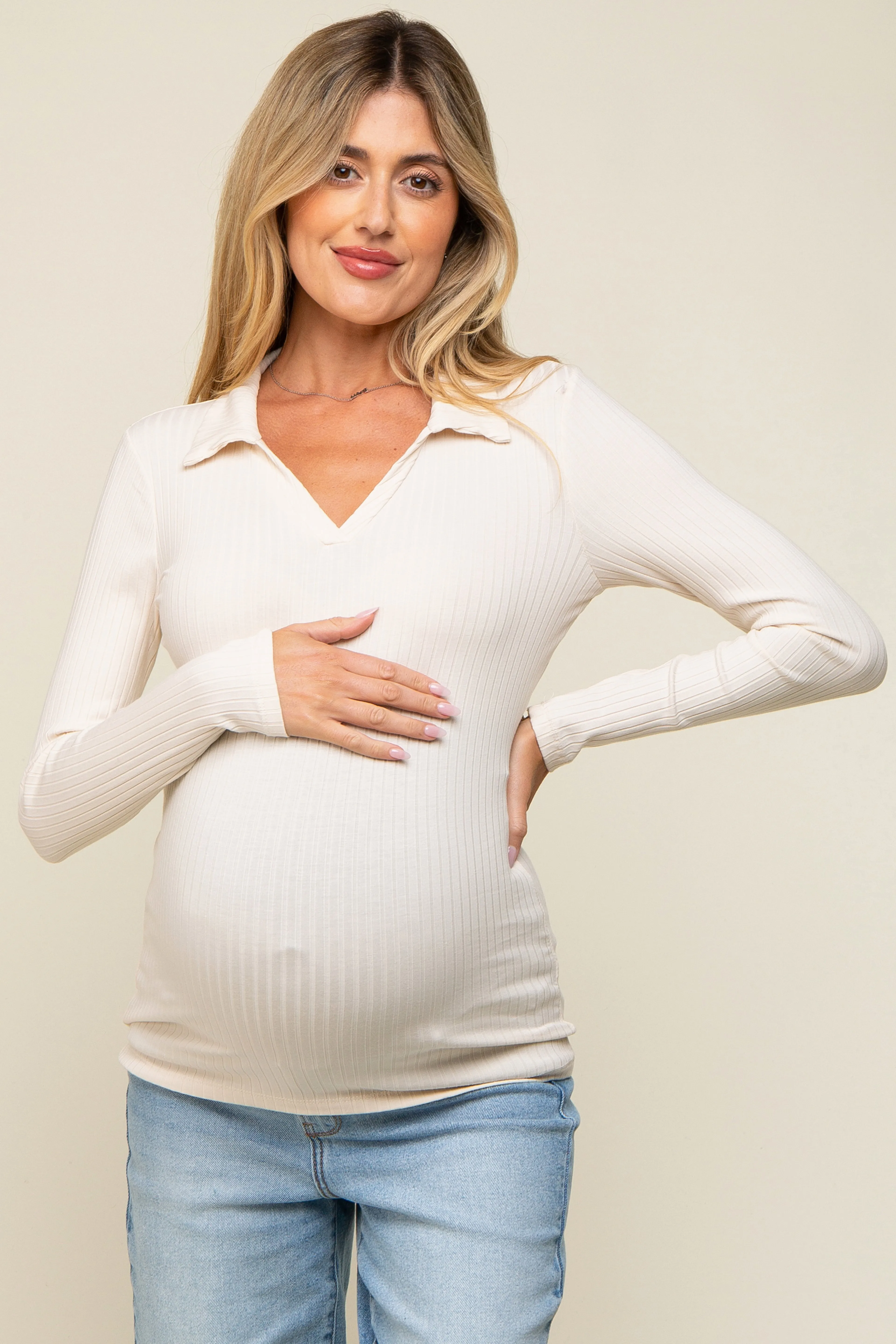 Cream Ribbed Collared Long Sleeve Maternity Top sold by Pinkblush