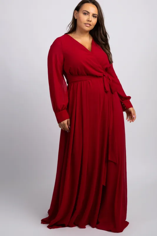 Burgundy Chiffon Long Sleeve Pleated Plus Maxi Dress sold by Pinkblush