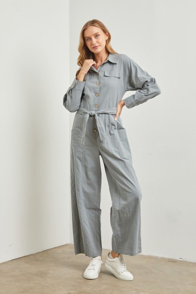 Denim Waist-Tie Linen Jumpsuit sold by Pinkblush