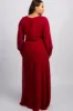 Burgundy Chiffon Long Sleeve Pleated Plus Maxi Dress sold by Pinkblush