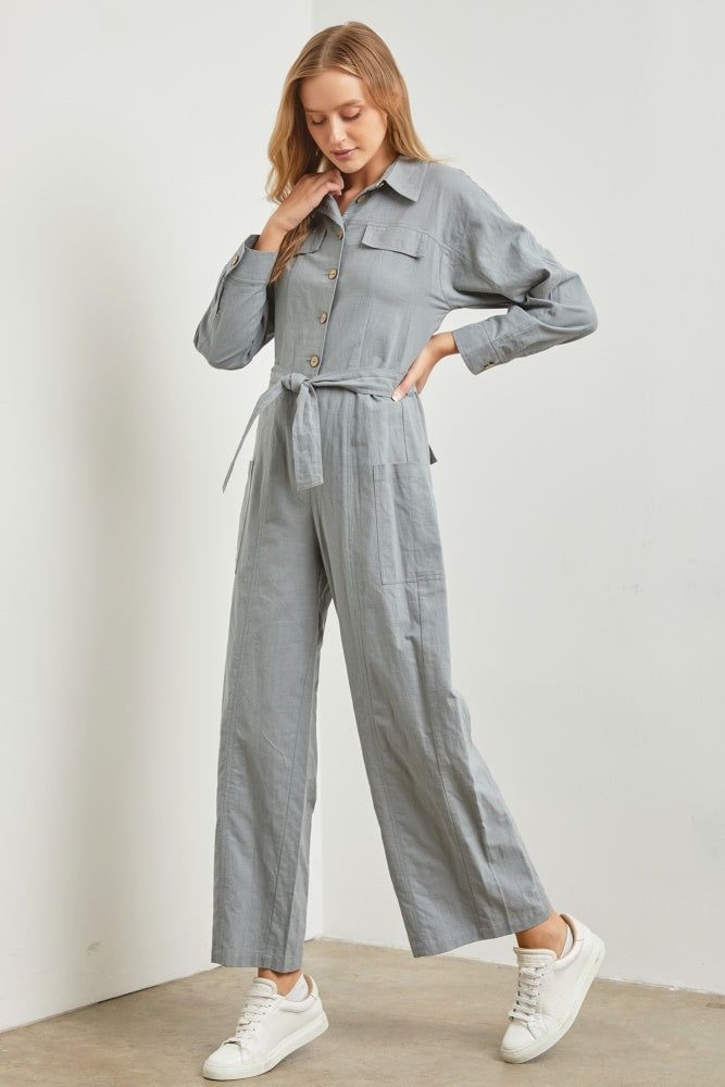 Denim Waist-Tie Linen Jumpsuit sold by Pinkblush product image thumbnail 2