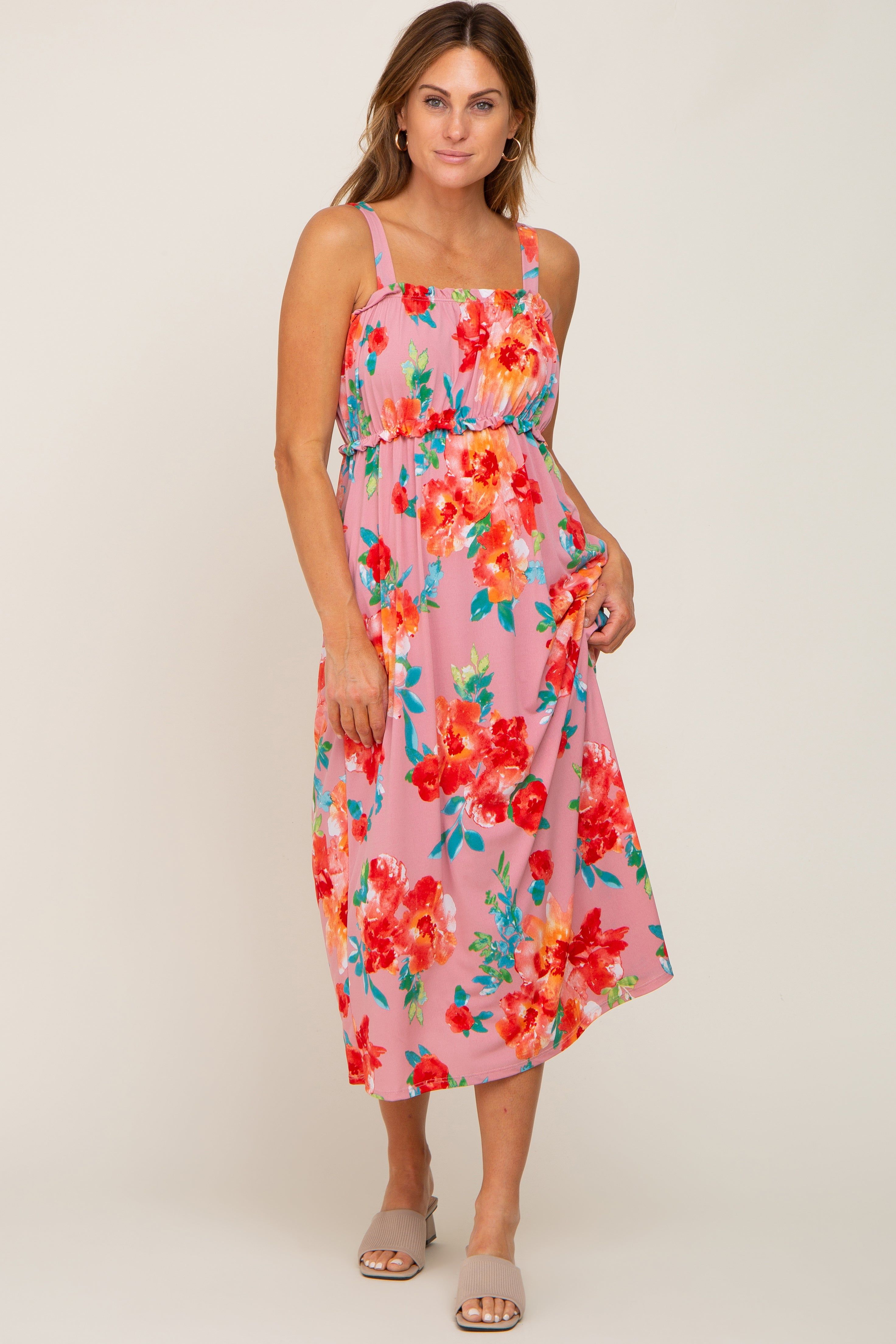 Pink Floral Square Neck Ruffle Midi Dress sold by Pinkblush product image thumbnail 4