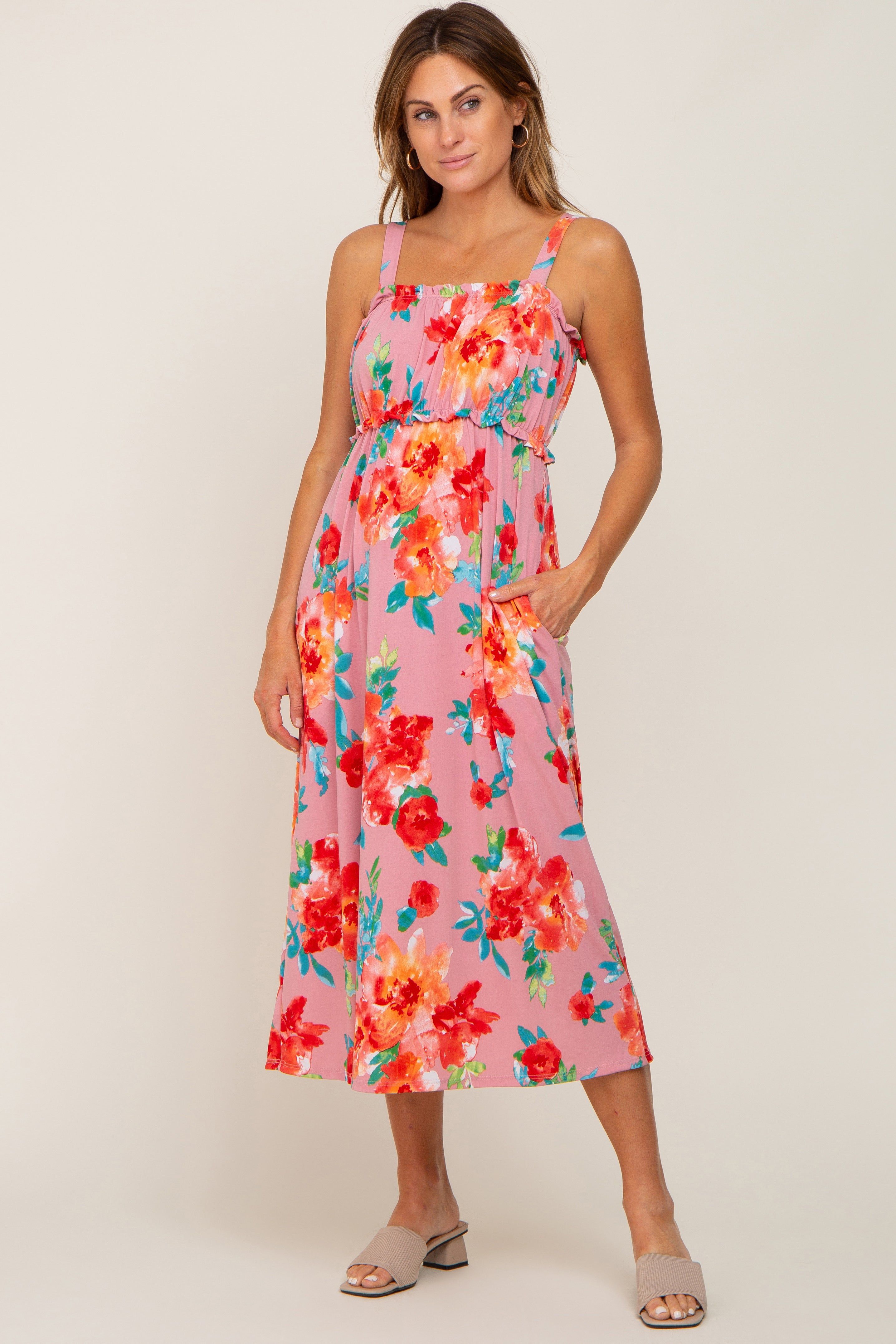 Pink Floral Square Neck Ruffle Midi Dress sold by Pinkblush