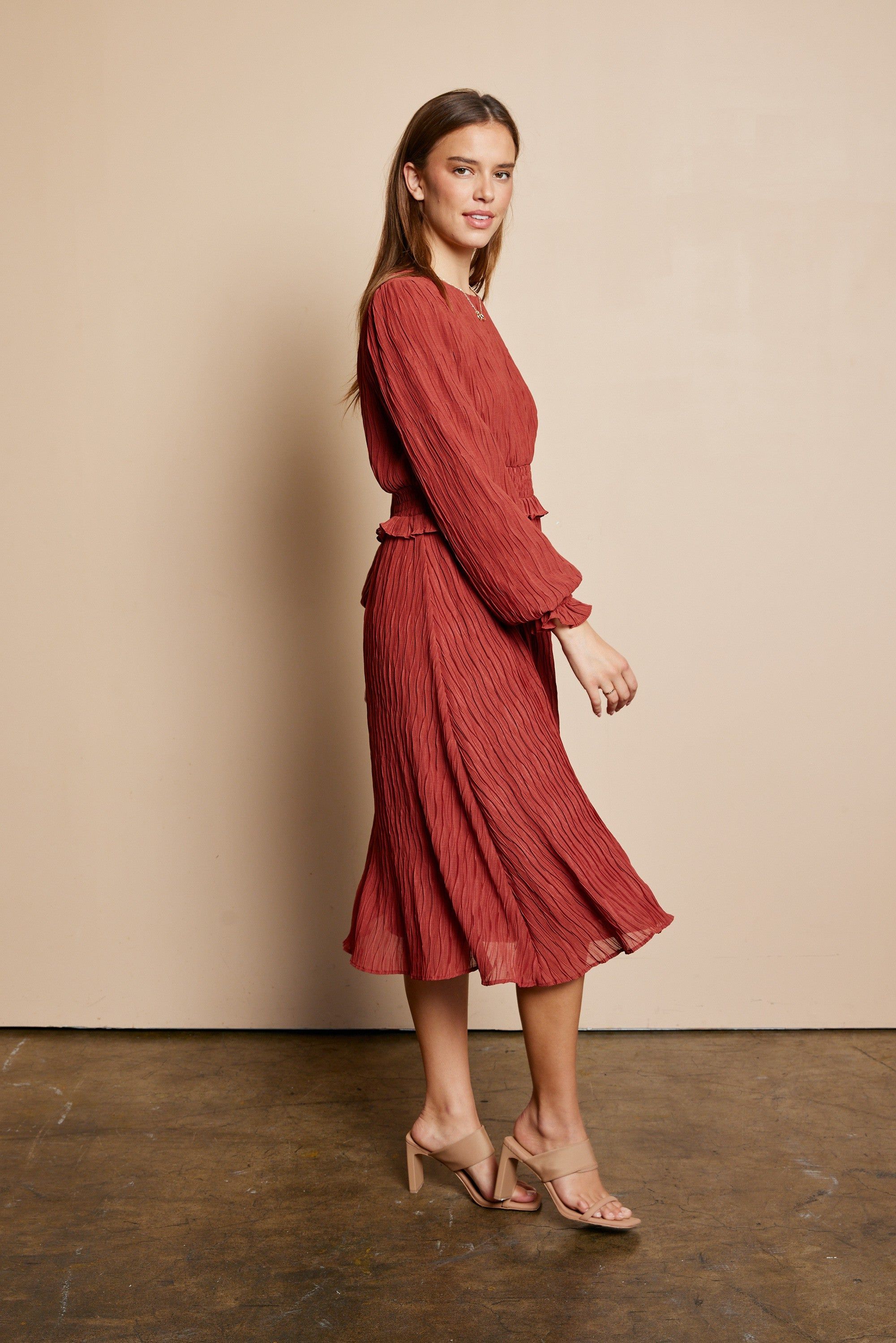 Rust Wrinkle Ruffle Dress sold by Pinkblush product image thumbnail 2