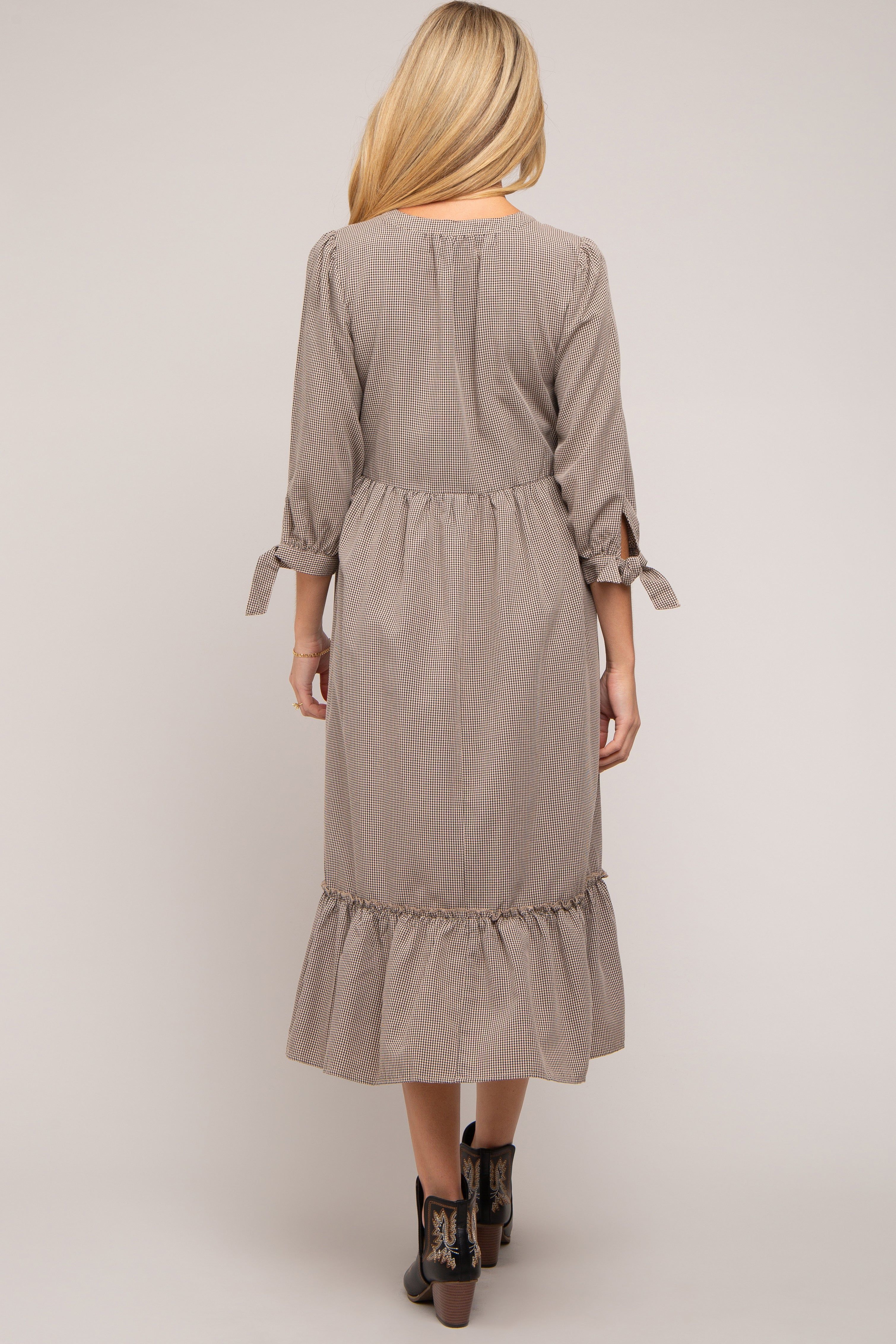 Taupe Gingham Front Button Sleeve Tie Maternity Midi Dress sold by Pinkblush product image thumbnail 4