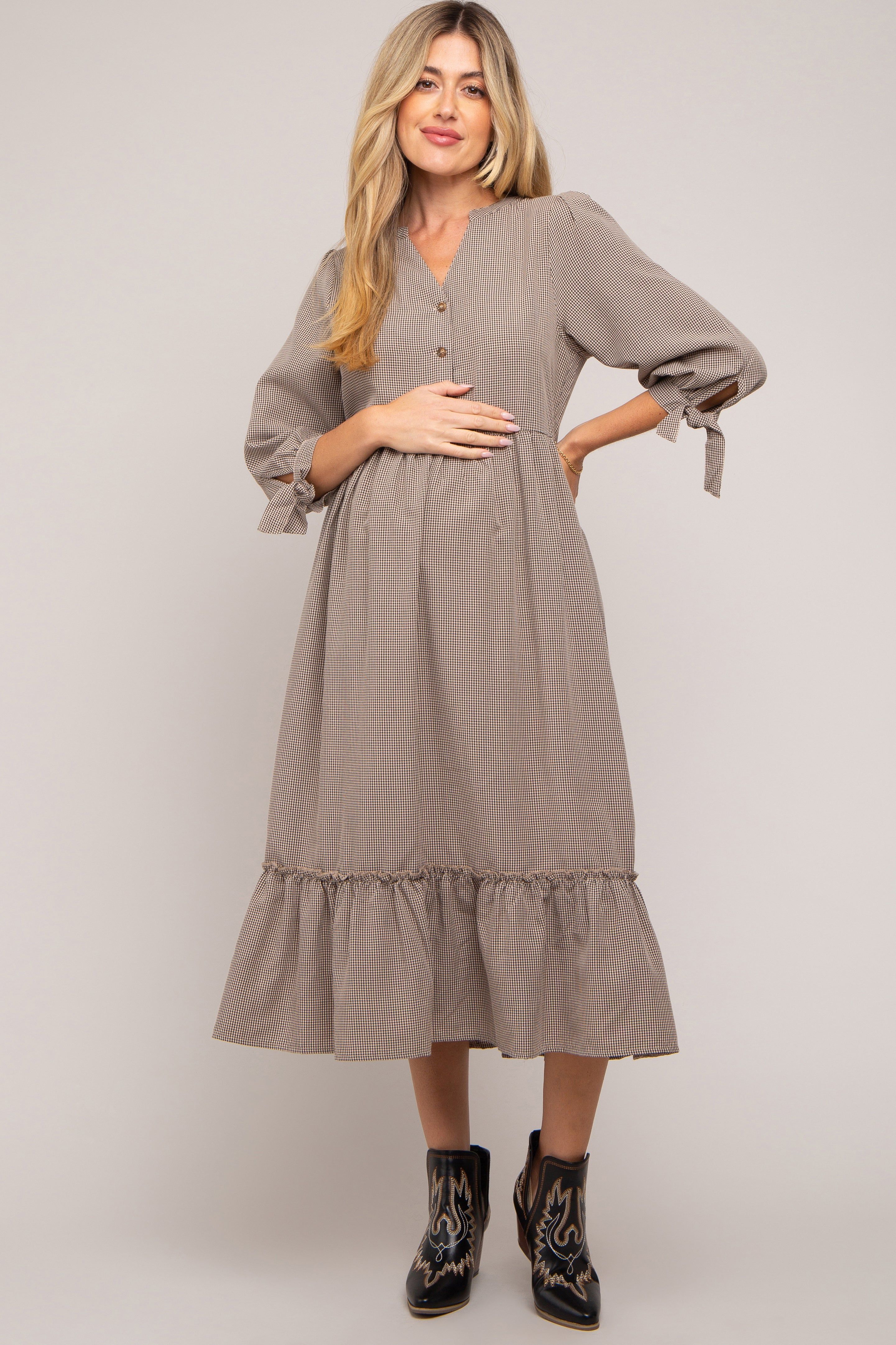 Taupe Gingham Front Button Sleeve Tie Maternity Midi Dress sold by Pinkblush product image thumbnail 2