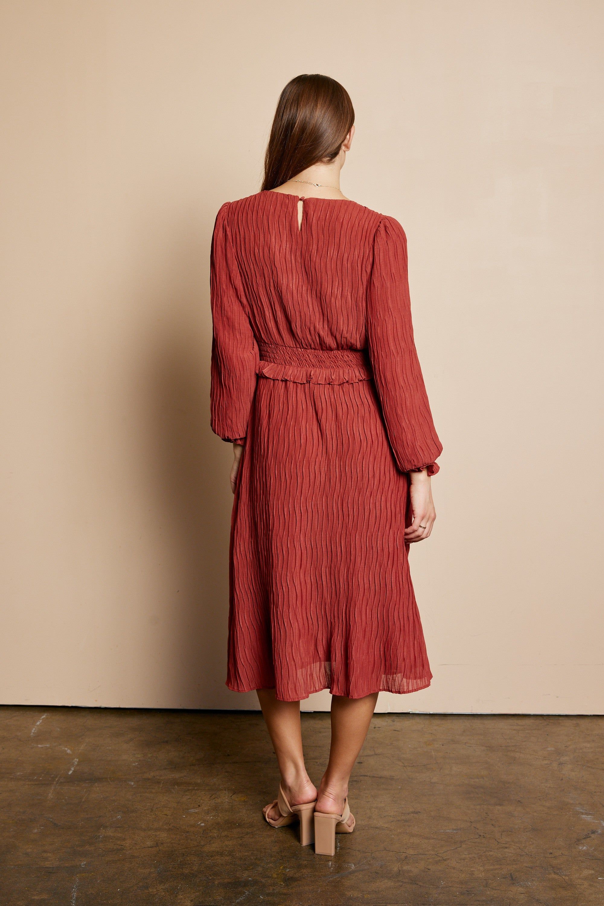 Rust Wrinkle Ruffle Dress sold by Pinkblush product image thumbnail 3