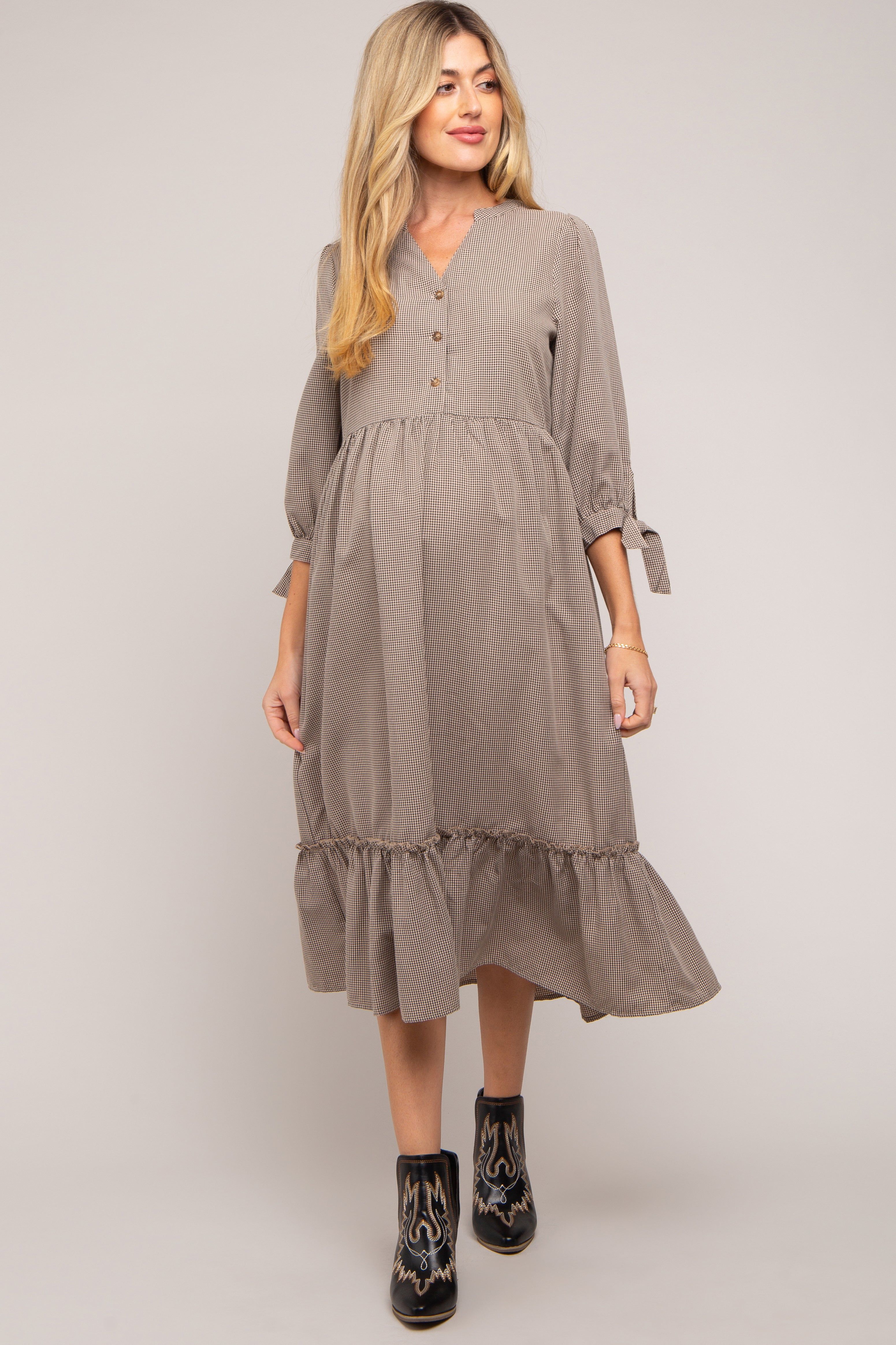 Taupe Gingham Front Button Sleeve Tie Maternity Midi Dress sold by Pinkblush product image thumbnail 5