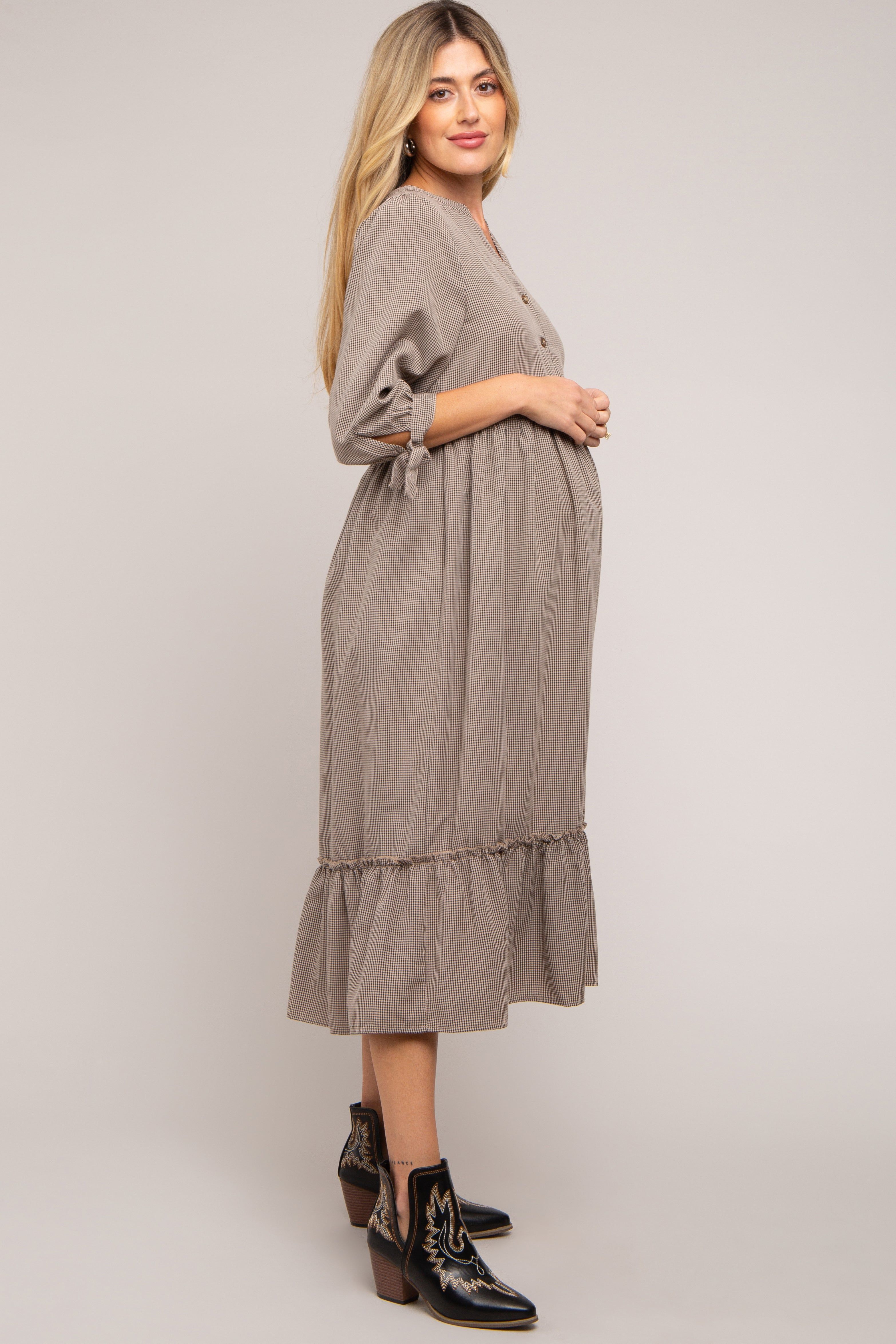 Taupe Gingham Front Button Sleeve Tie Maternity Midi Dress sold by Pinkblush product image thumbnail 3
