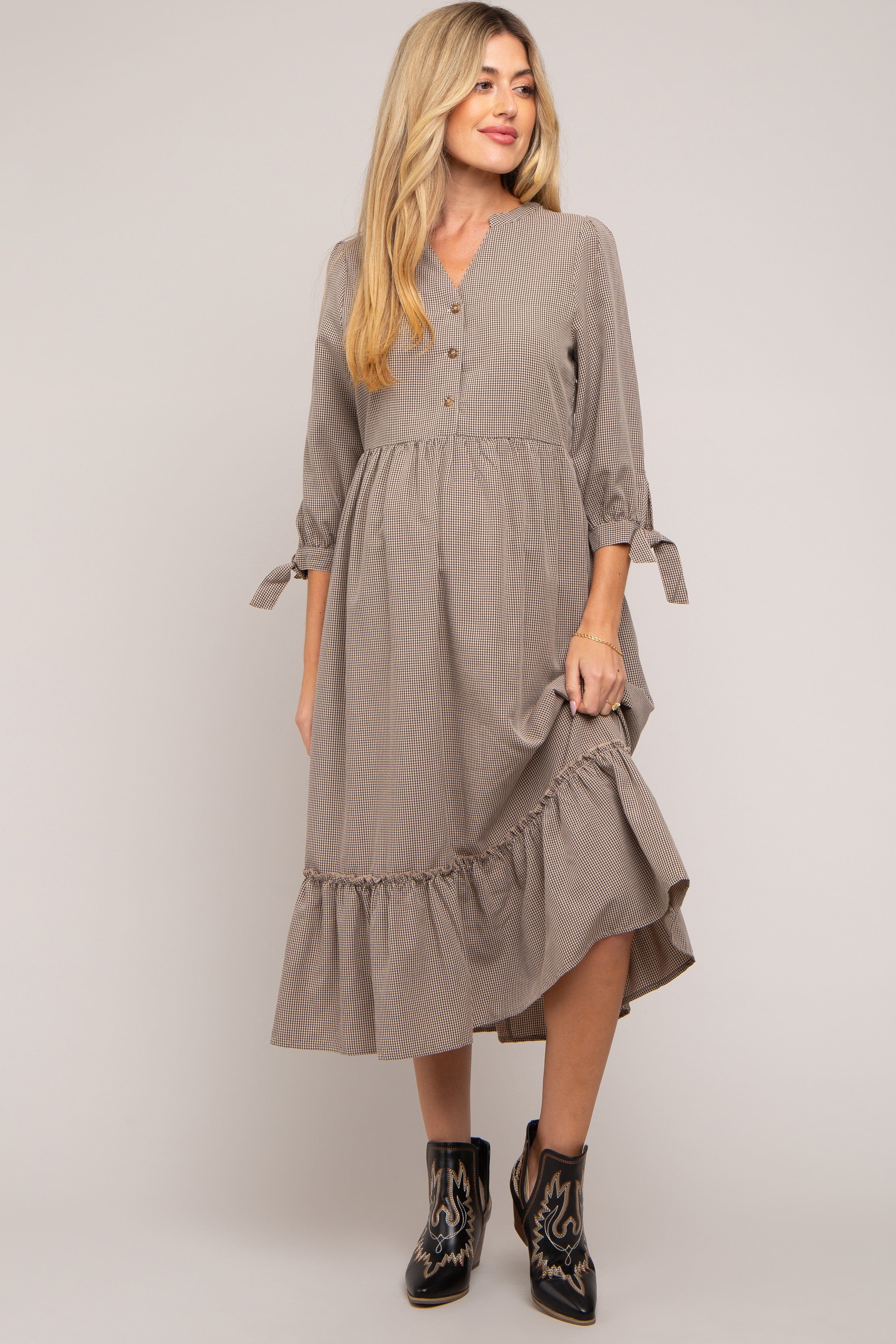 Taupe Gingham Front Button Sleeve Tie Maternity Midi Dress sold by Pinkblush