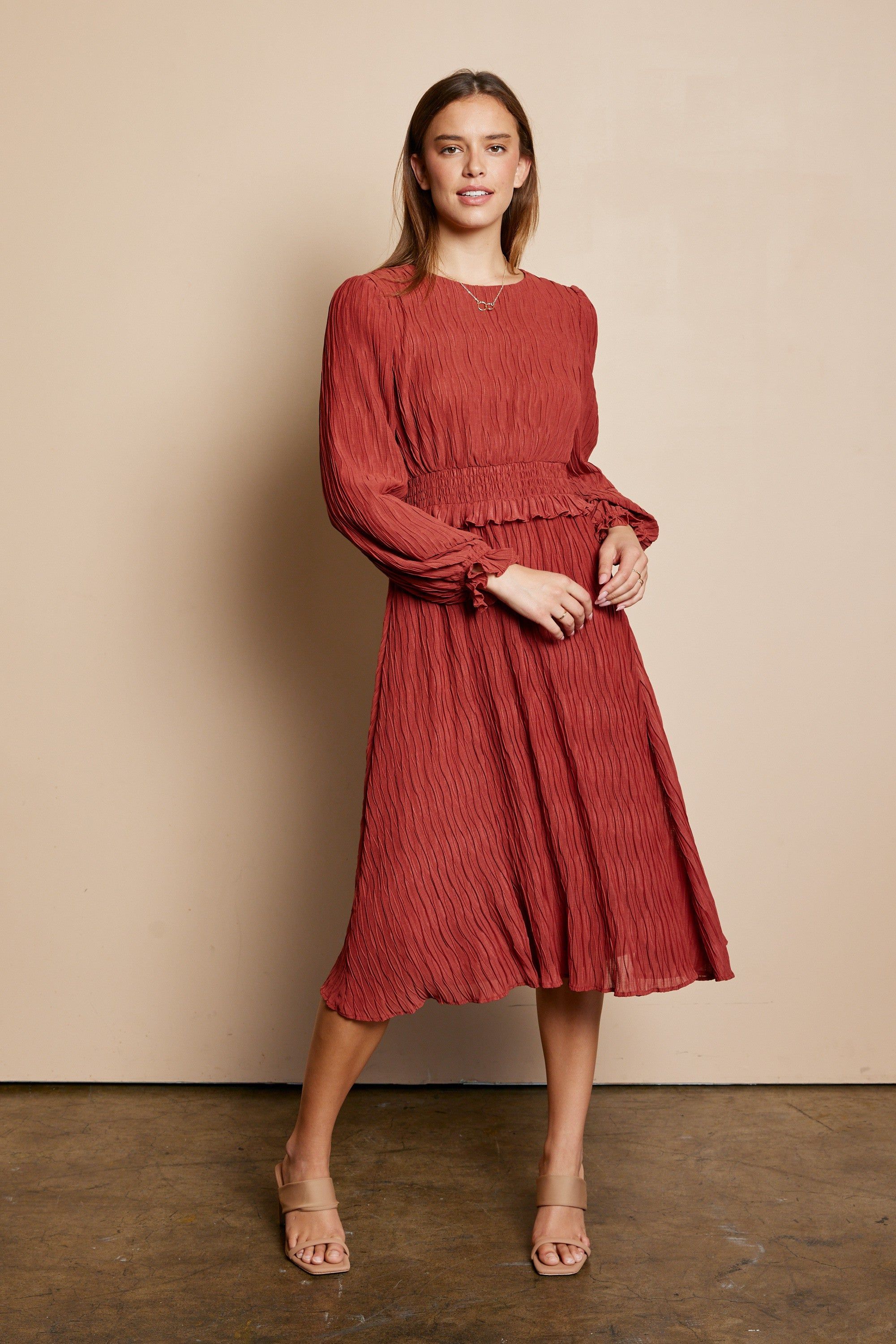 Rust Wrinkle Ruffle Dress sold by Pinkblush