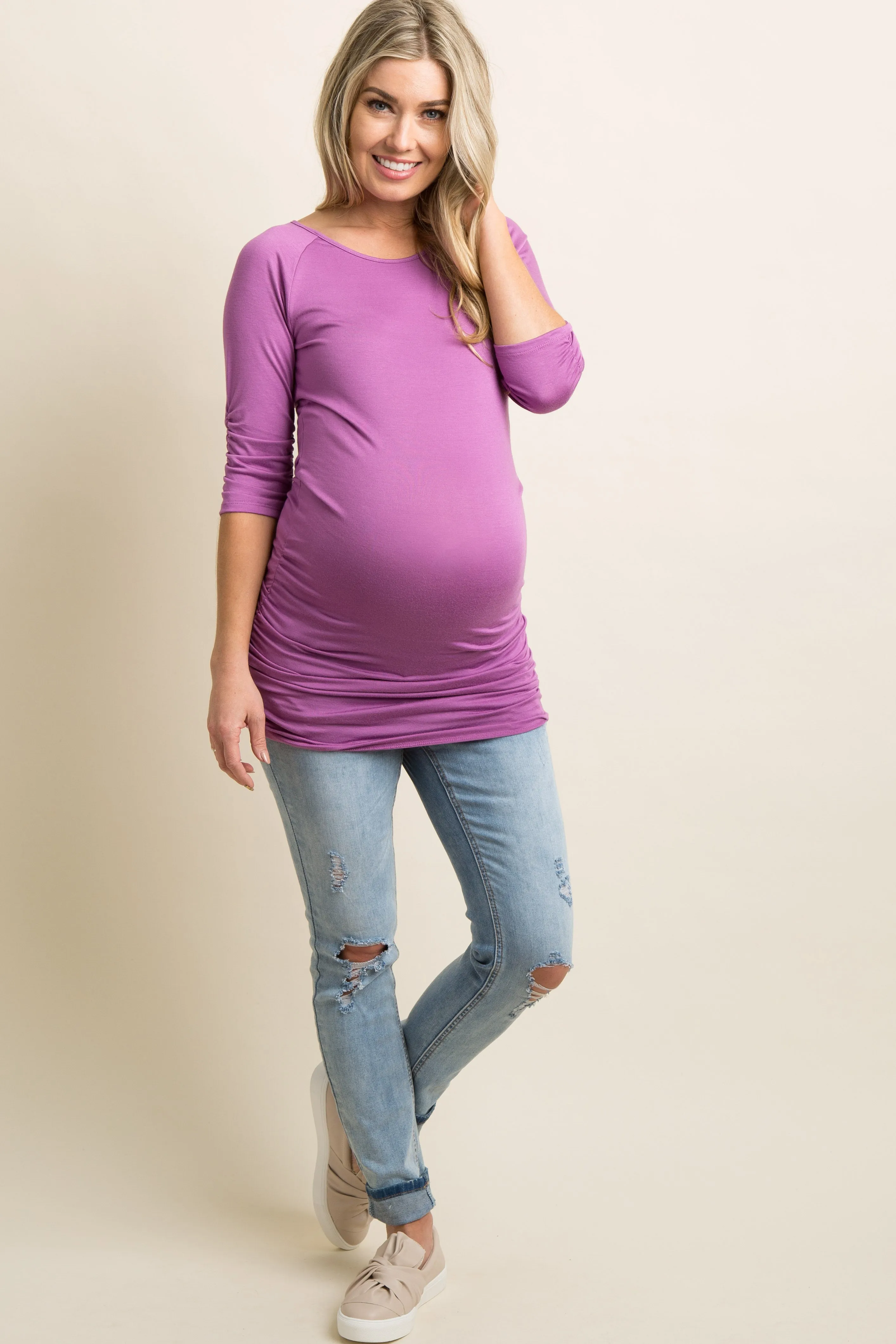 Violet Solid Fitted Ruched Maternity Top sold by Pinkblush product image thumbnail 4