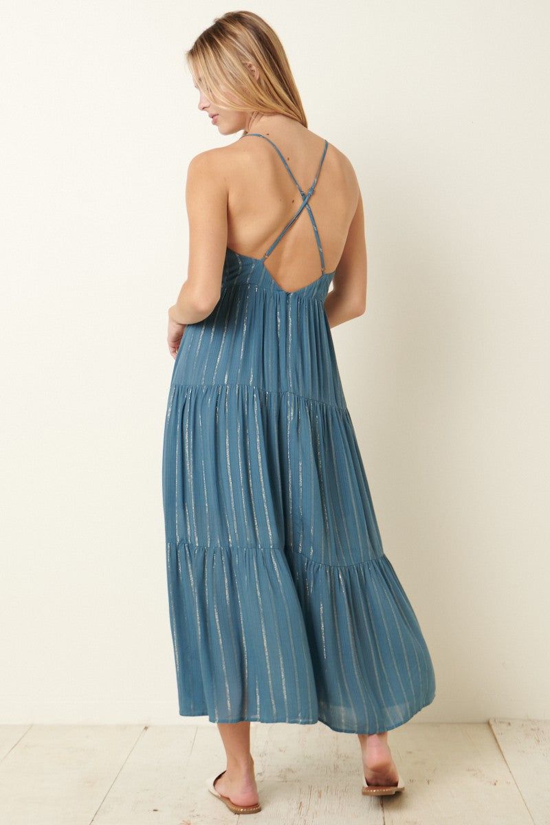 Teal Metallic Stripe Cross Back Midi Tank Dress sold by Pinkblush product image thumbnail 3