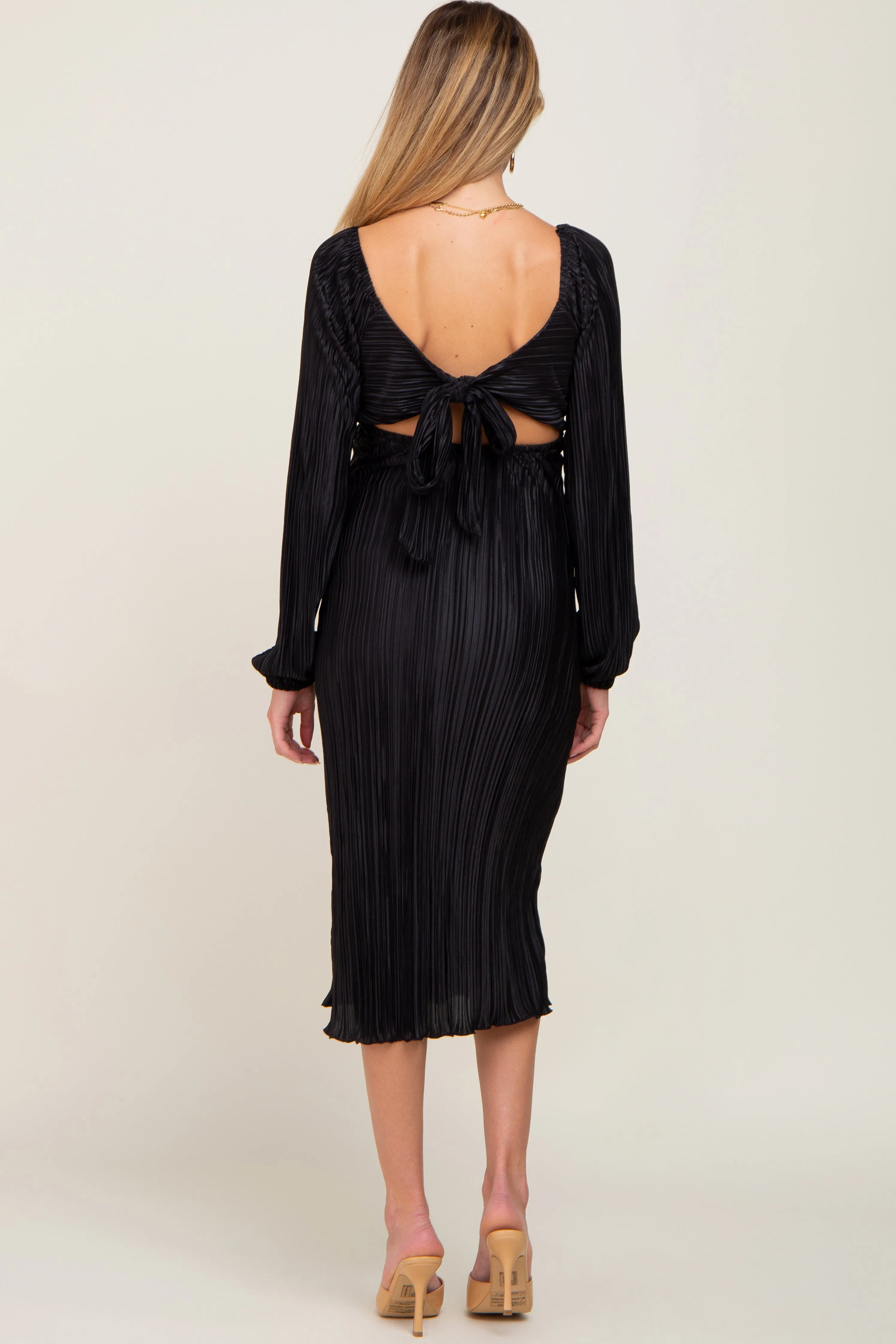 Black Pleated Front Cutout Back Tie Maternity Midi Dress sold by Pinkblush product image thumbnail 3
