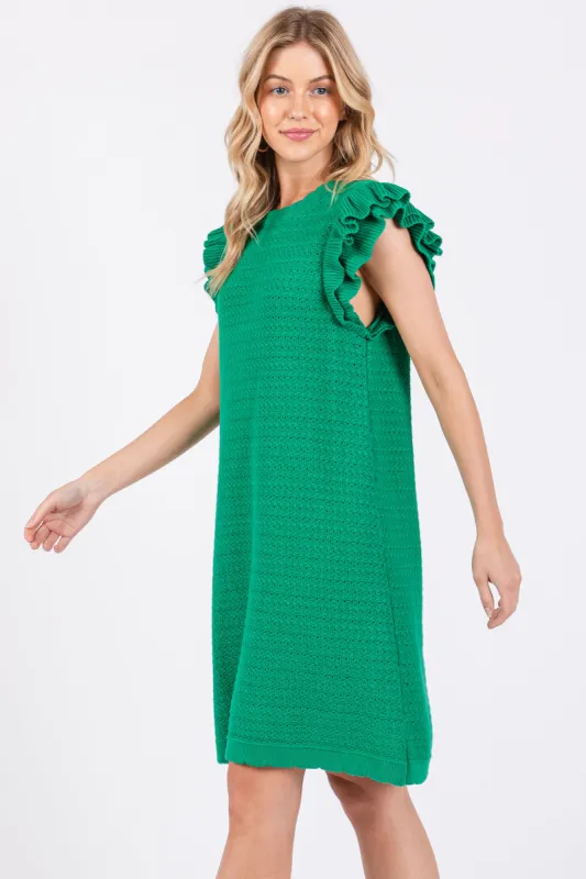 Green Knit Ruffle Sleeve Sweater Dress sold by Pinkblush