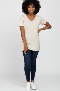 Beige V-Neck T Shirt sold by Pinkblush