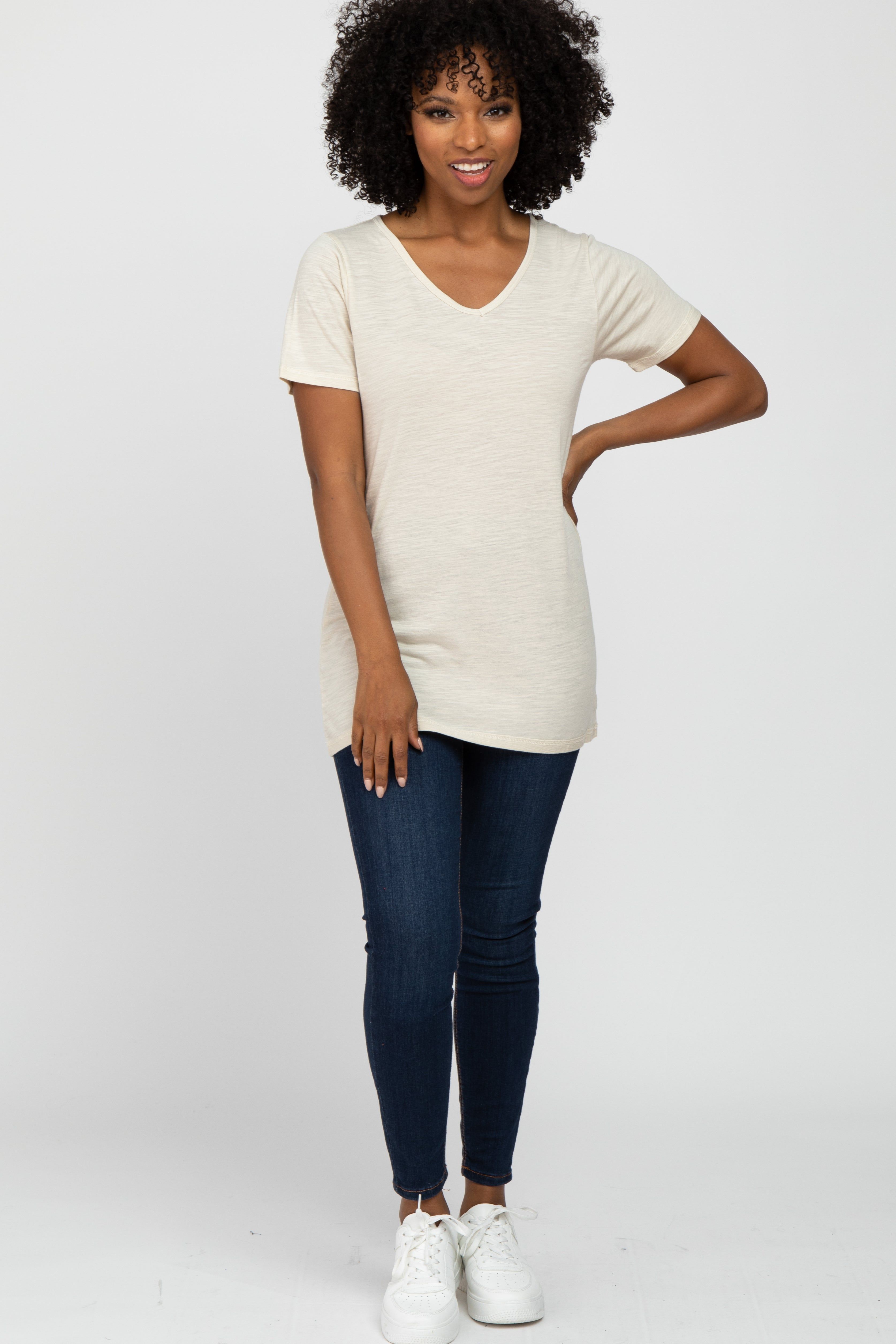 Beige V-Neck T Shirt sold by Pinkblush product image thumbnail 4