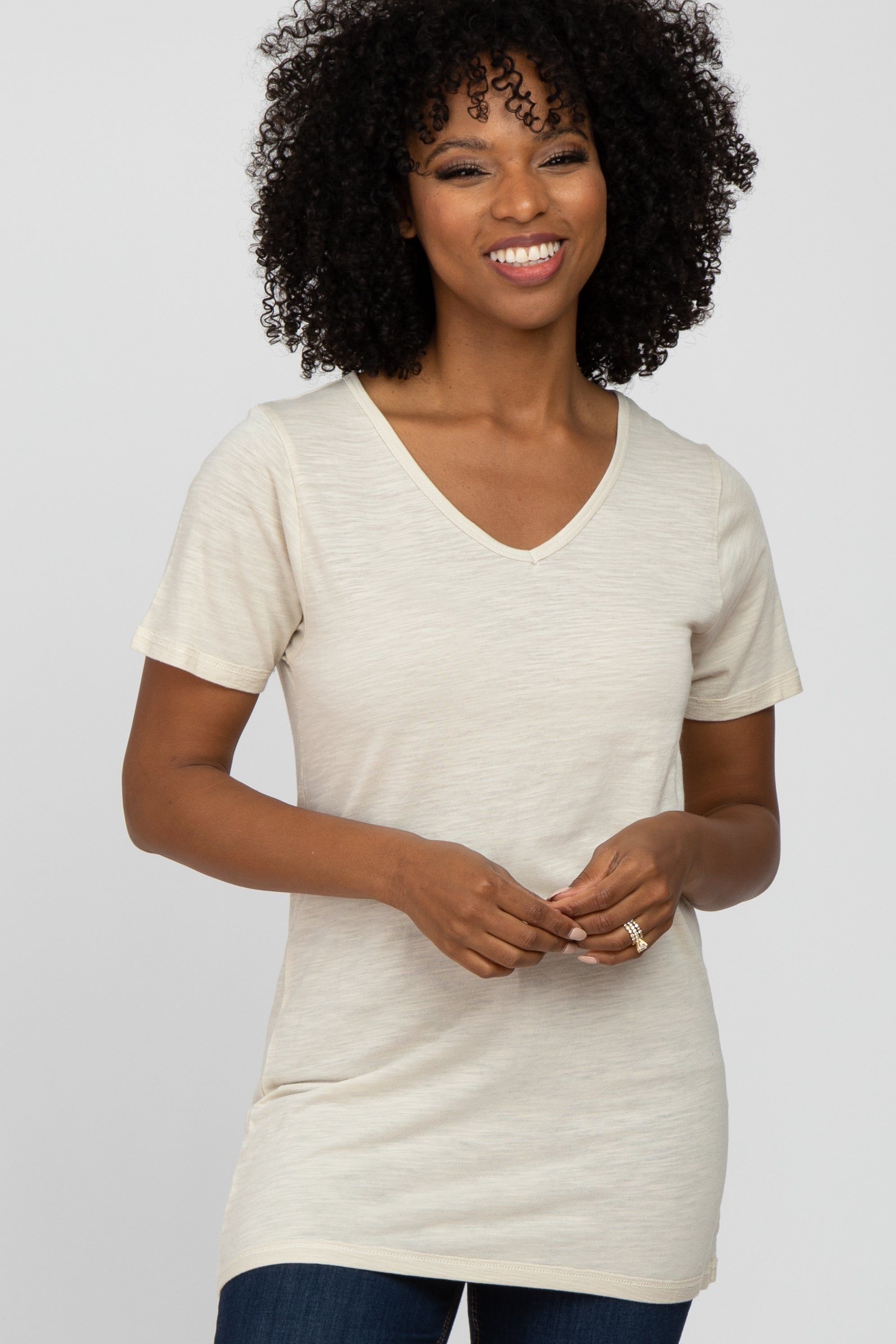 Beige V-Neck T Shirt sold by Pinkblush