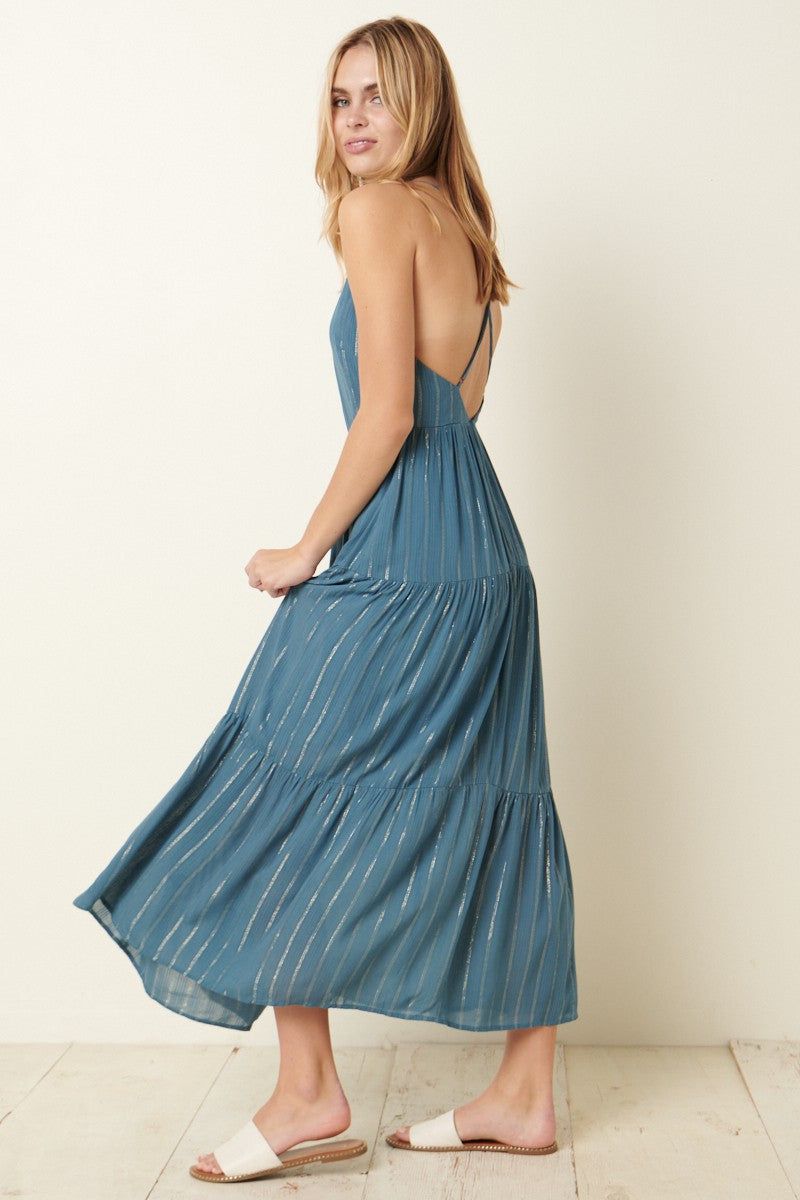 Teal Metallic Stripe Cross Back Midi Tank Dress sold by Pinkblush product image thumbnail 2